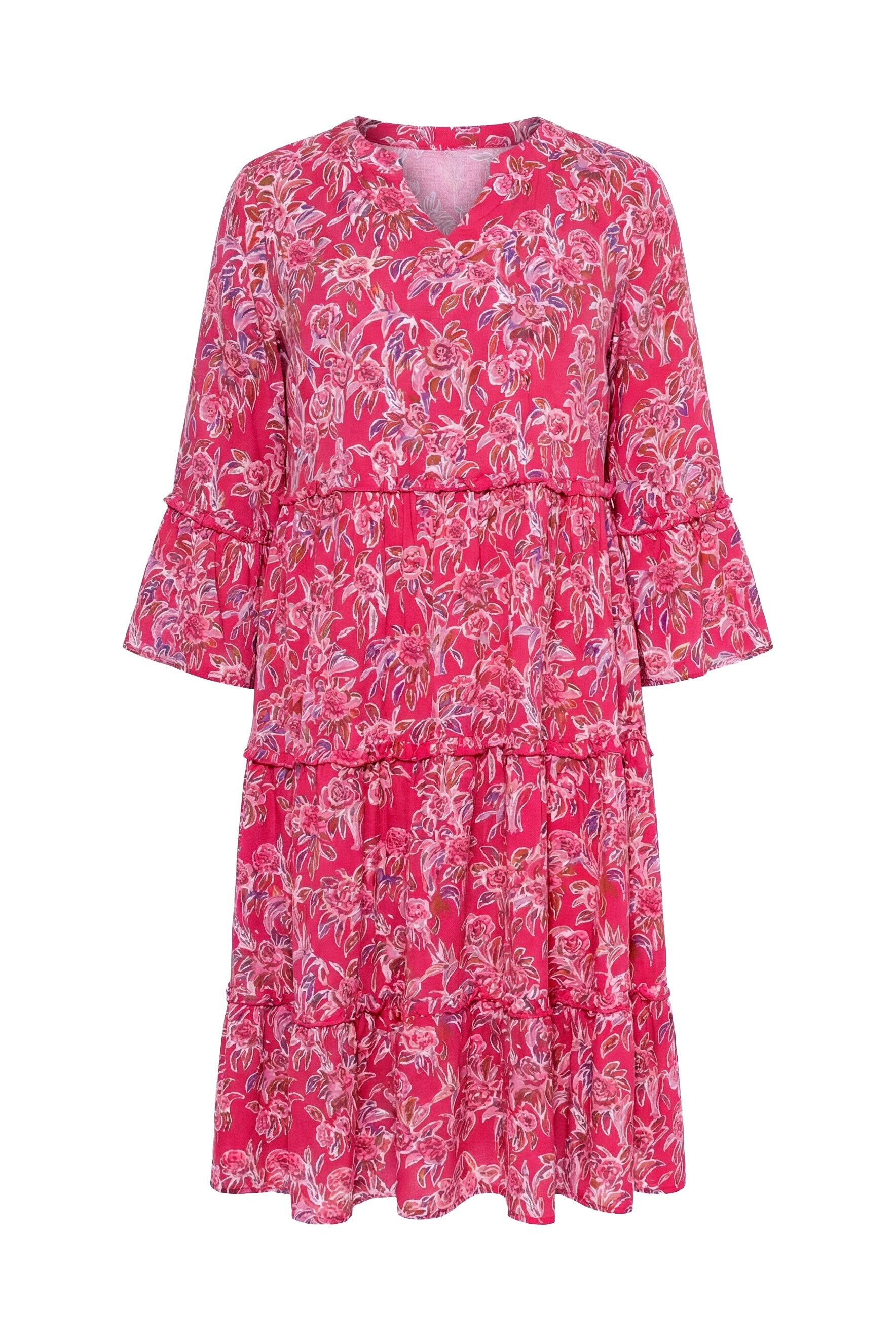 Ulla Popken Midikleid Kaftan-Kleid Volants Tunika-Ausschnitt 3/4-Arm