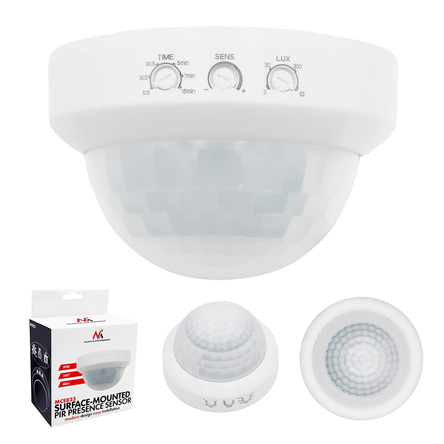 Maclean Sensor MCE823 PIR-Präsenzmelder für Aufputzmontage 360° bis zu 40 m, (1-St), 1000 W/2000 W, 220–240 V AC