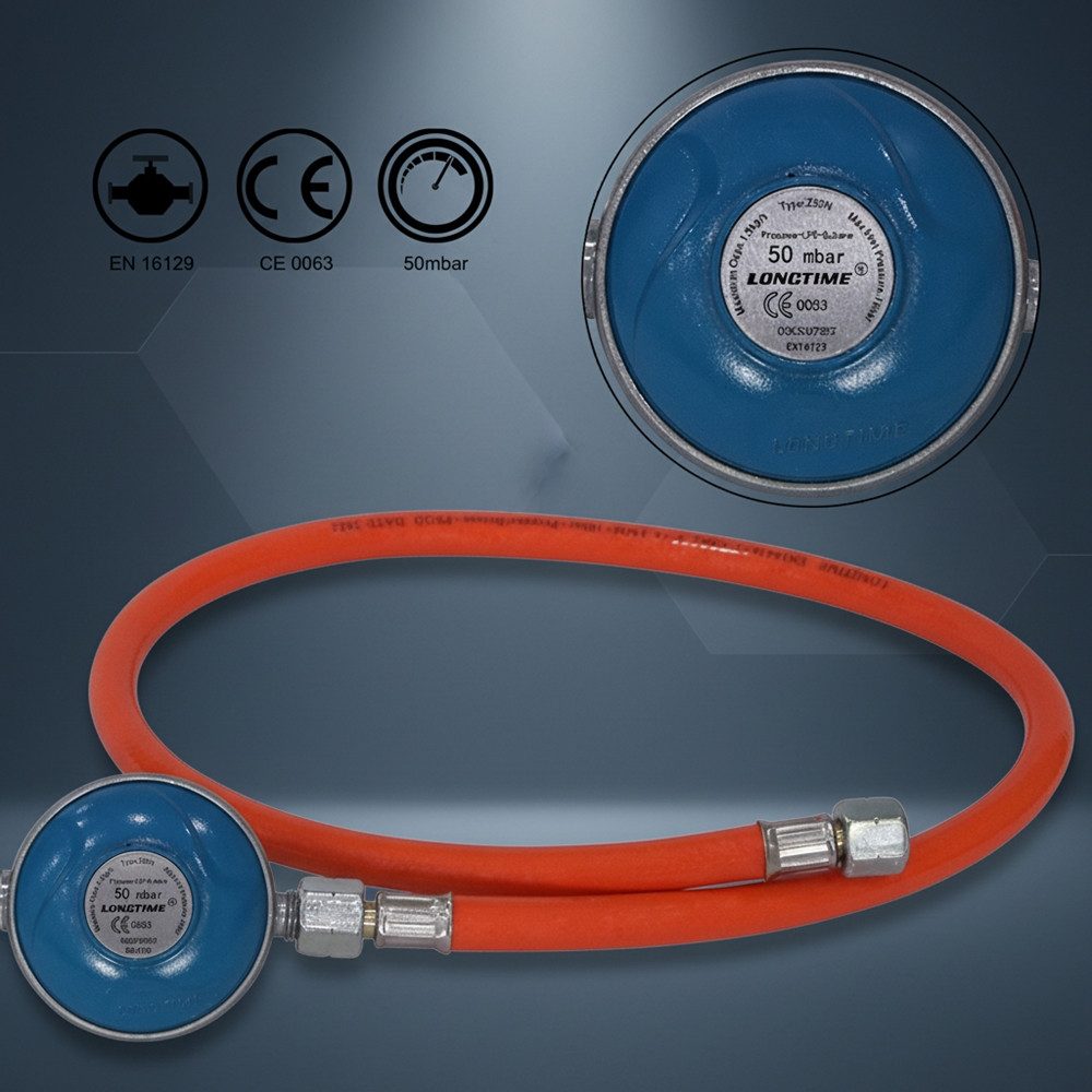 Melko Gasdruckregler Gas Schlauch 80CM Druckminderer Gasregler Regeler Propan Butan, 50,00 mbar, (Set, 2-St., Gasdruckregler und Schlauch), Sicherheitsventil