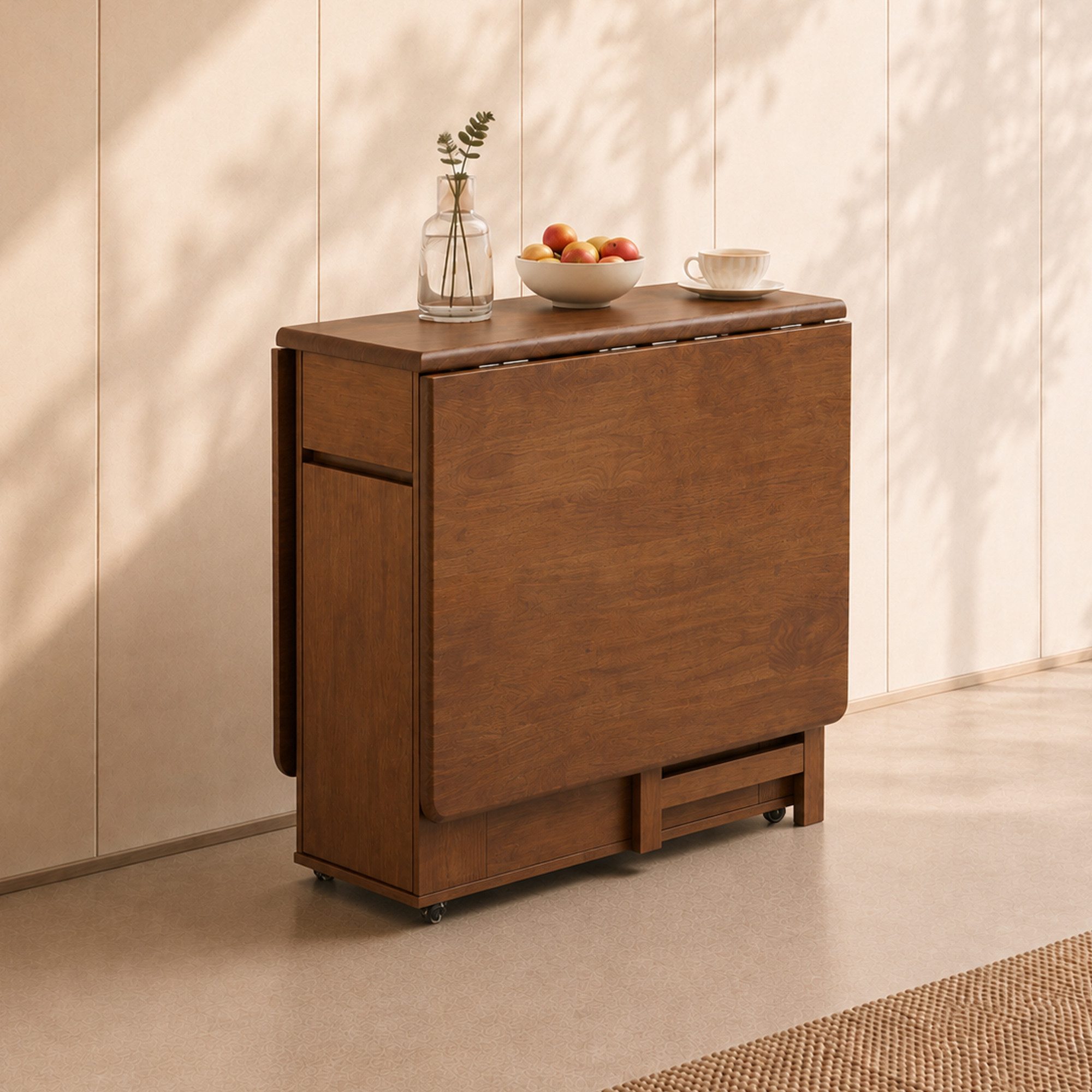oleyluckidea Esstisch klappbar Massivholz Klapptisch 130 cm mit Stauraum & Rollen Nussbaum (4-St., ein Esstisch), Breite 13Ocm – Bild 5 von 5