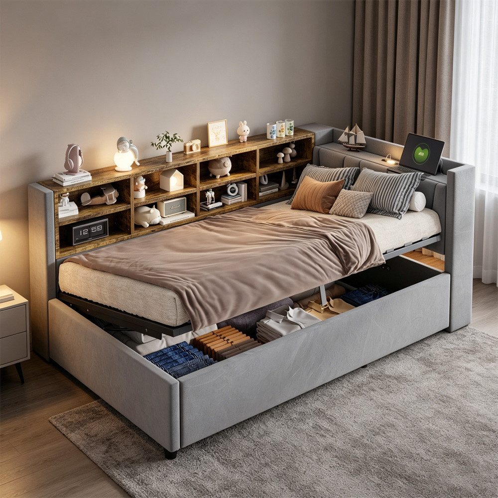 OKWISH Schlafsofa Kinderbett, mit hydraulischem Stauraum, Nachtlicht, USB- & Typ-C-Ladeanschluss und Ablagen, Polsterbett, Gepolstertes Samtsofa 90x200 cm, ohne Matratze