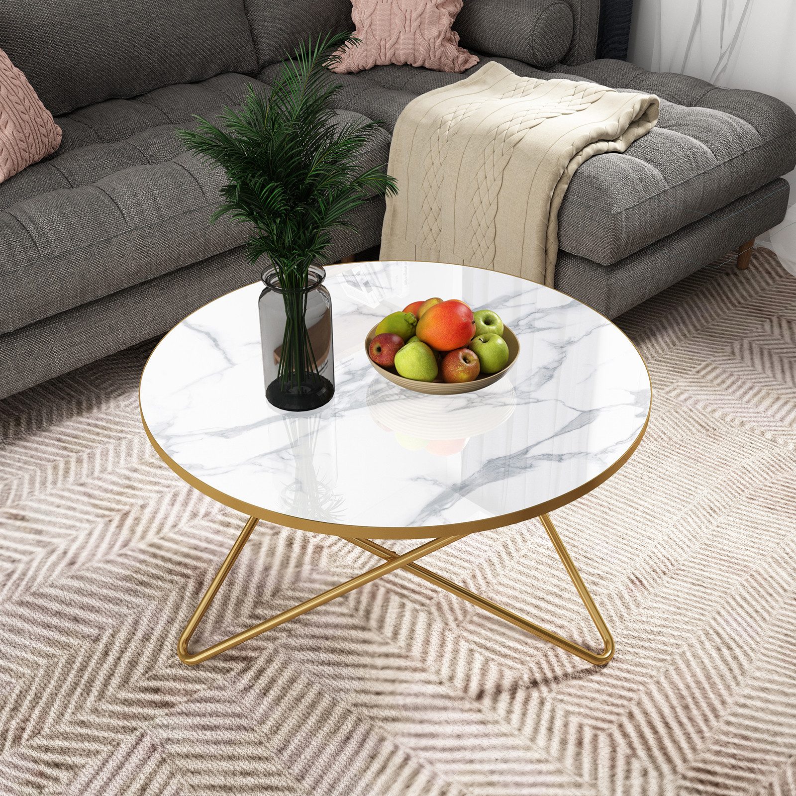 HOLTICO Couchtisch Runder Beistelltisch Wohnzimmertisch Sofatisch (1-St), Pflanzentisch Outdoor mit Marmormuster