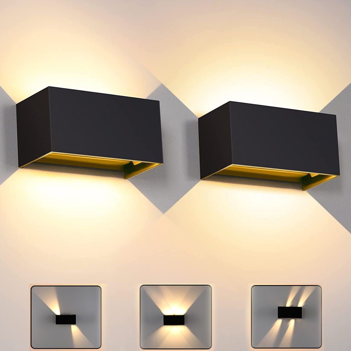 LETGOSPT Wandleuchte 12W Quader LED Wandlampe aus Aluminium, IP65, Warmweiß 2x Wandleuchte Ohne Bewegungsmelder