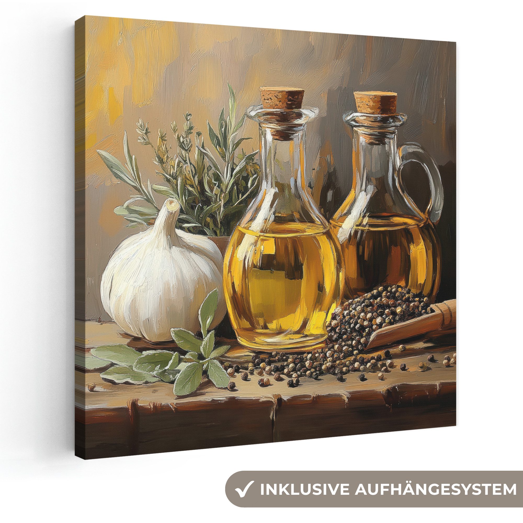 OneMillionCanvasses® Leinwandbild Stilleben - Olivenöl - Knoblauch - Kräuter, Fotodruck (1 St), Wandbild, Deko Schlafzimmer Wohnzimmer Flur 20x20 cm