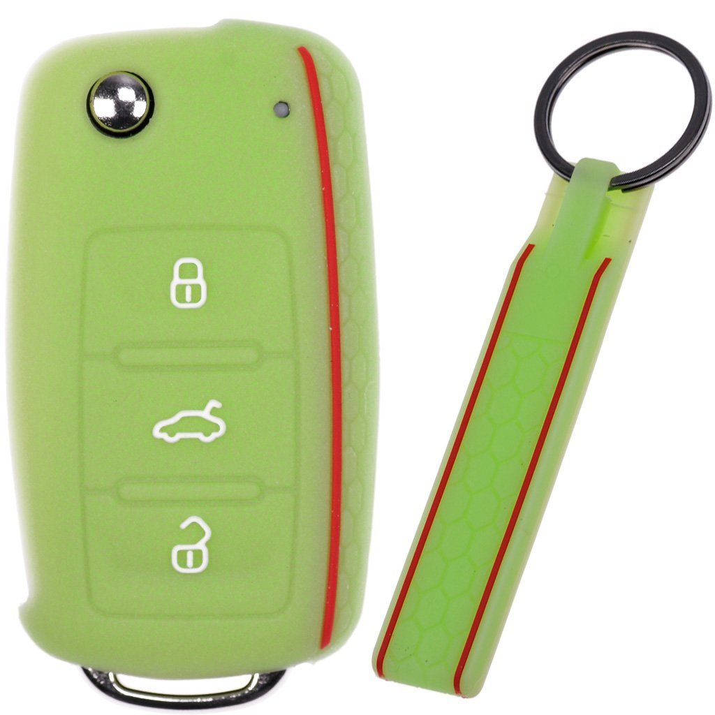 mt-key Schlüsseltasche Autoschlüssel Silikon Schutzhülle mit passendem Schlüsselband, für VW SEAT Skoda Golf 6 Octavia UP Leon ab 11/2009 3 Tasten Fluoreszierend Grün