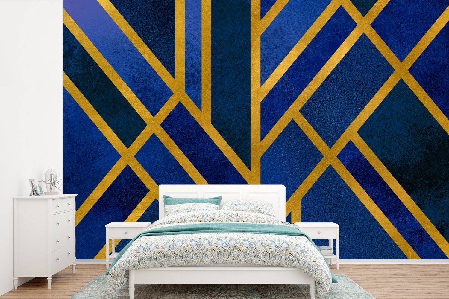 MuchoWow Fototapete Gold - Blau - Muster, Matt, bedruckt, (6 St), Wallpaper für Wohnzimmer, Schlafzimmer, Kinderzimmer, Vinyl Tapete