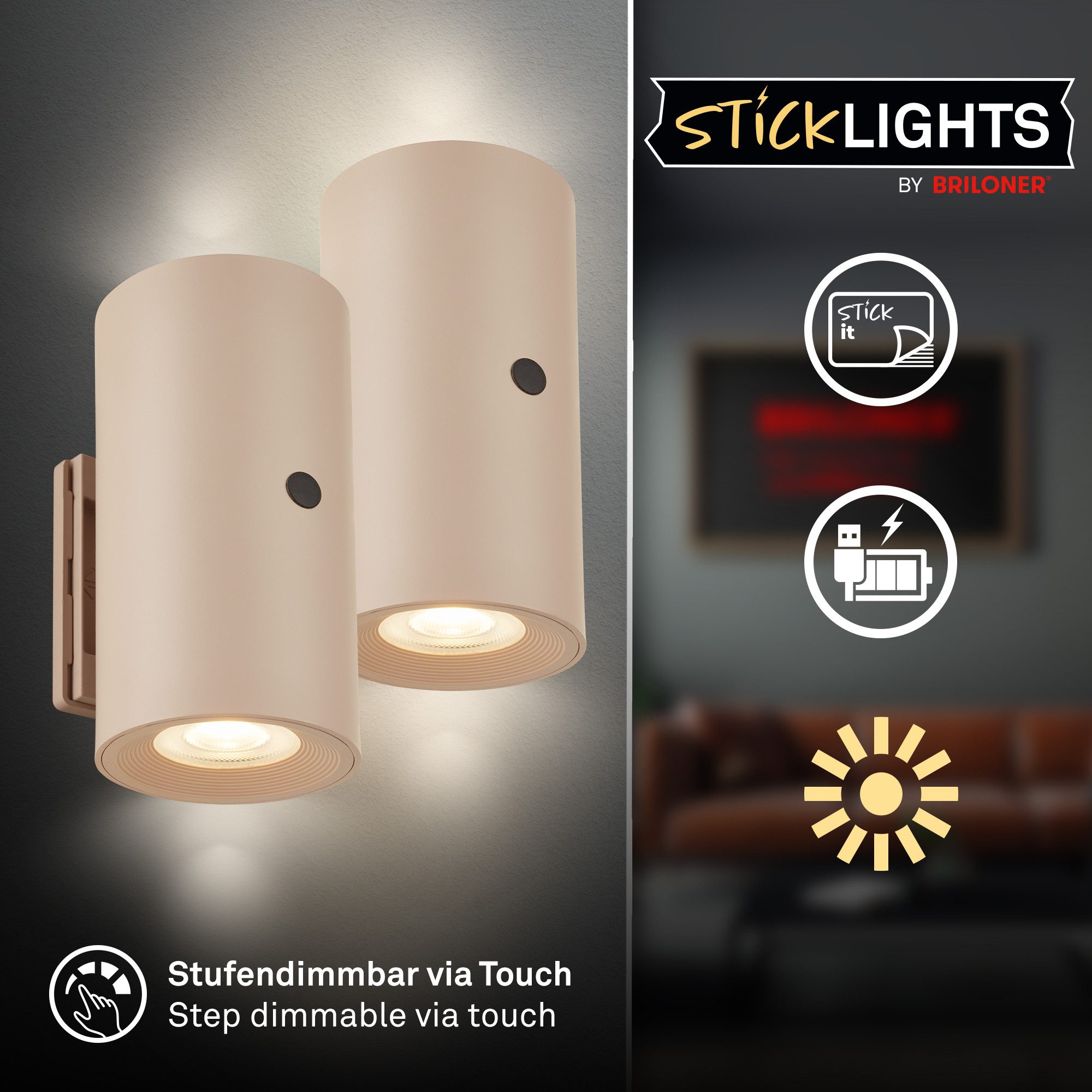 Briloner Leuchten LED Wandleuchte Dimmbar Touchfunktion Kabellos Warmweiß, 2 Stück, LED fest integriert