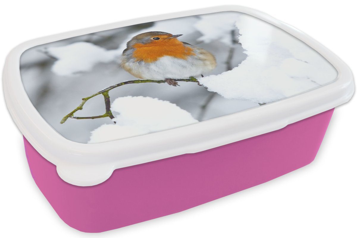 Lunchbox Kunststoff, (2-tlg), Brotbox Rotkehlchen - für Brotdose - rosa Mädchen, Erwachsene, Kunststoff Schnee Winter, MuchoWow Kinder, Snackbox,