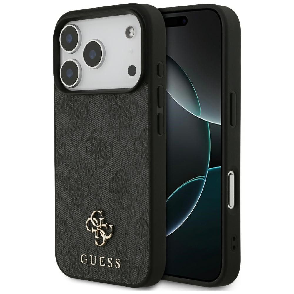 Guess Handyhülle Case iPhone 17 Pro MagSafe Kunstleder grau Logo goldfarben 6,3 Zoll, Kantenschutz