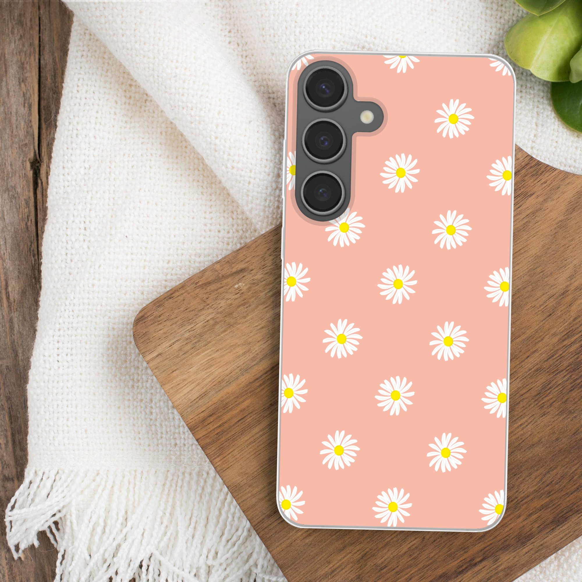 MuchoWow Handyhülle für Samsung Galaxy S24 Plus Gänseblümchen - Pastell - Weiß - Rosa - Bl, Phone Case, Silikon, Schutzhülle Dünn