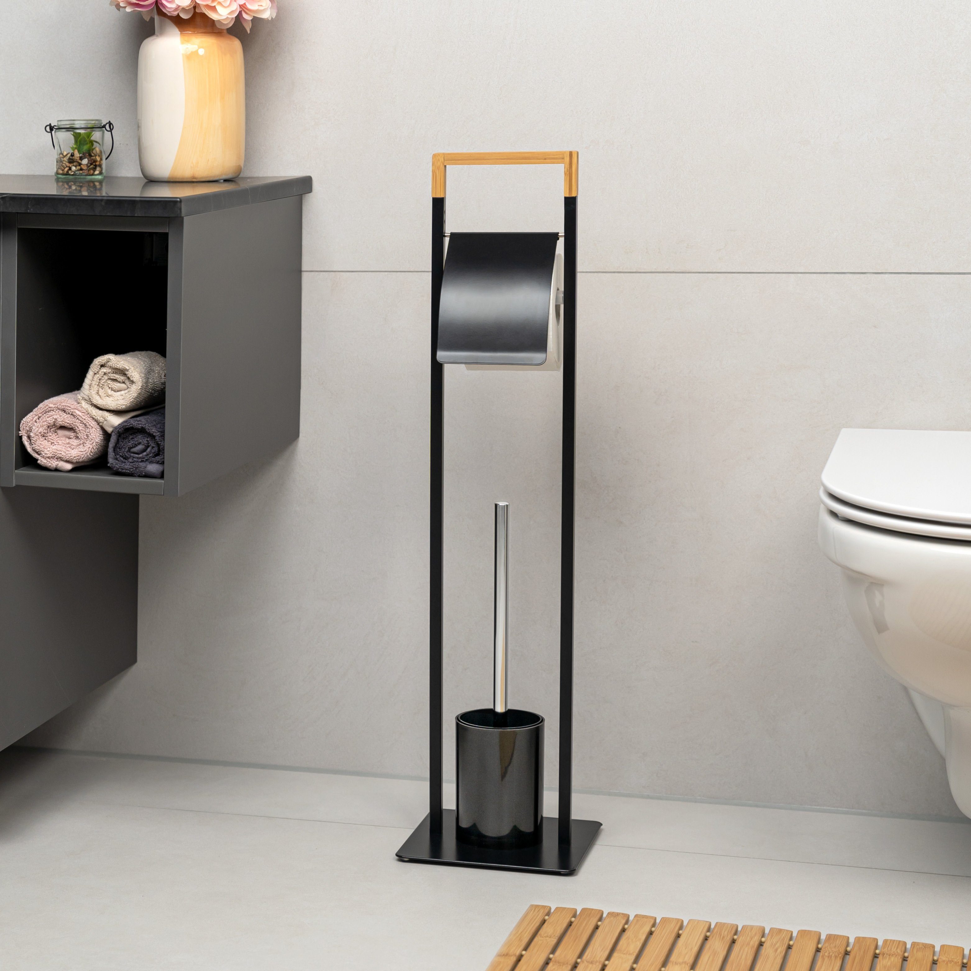 bremermann WC-Garnitur 2in1, WC-Bürste, WC-Rollenhalter, (Set, Bambuselemente, Badezimmer, freistehend 2-tlg), schwarz