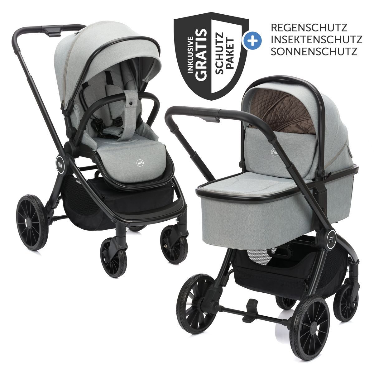 Fillikid Kombi-Kinderwagen Cougar - Grau, 2in1 Kinderwagen Buggy mit Babywanne, Sportsitz & Zubehör bis 22 kg