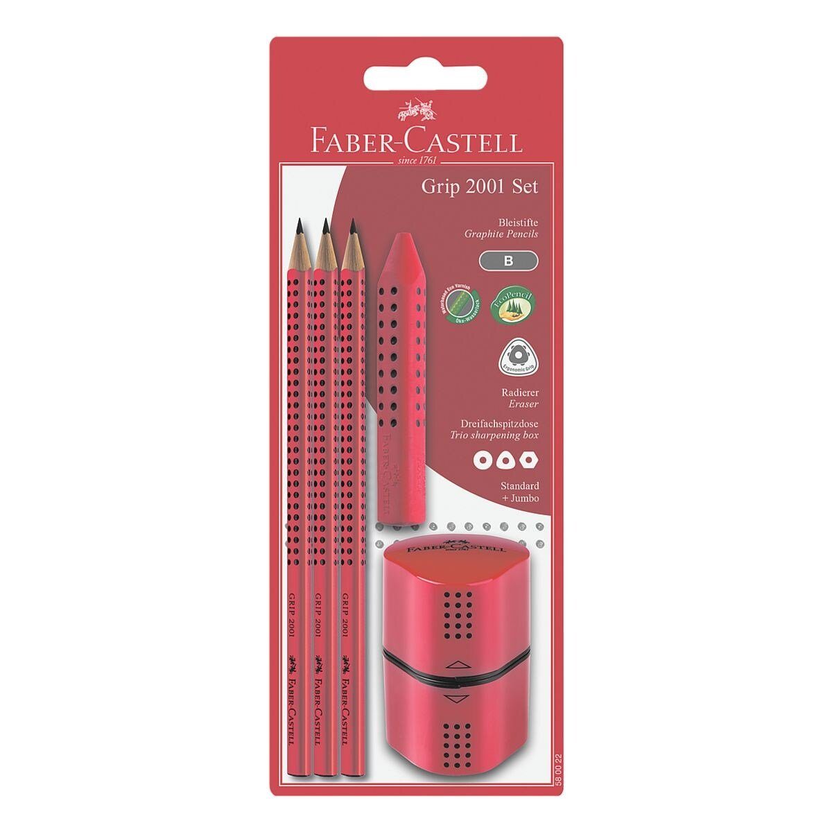 Faber-Castell Bleistift Grip mit Dreikant (weich), B rot Soft-Grip-Zone (5-tlg), 2001