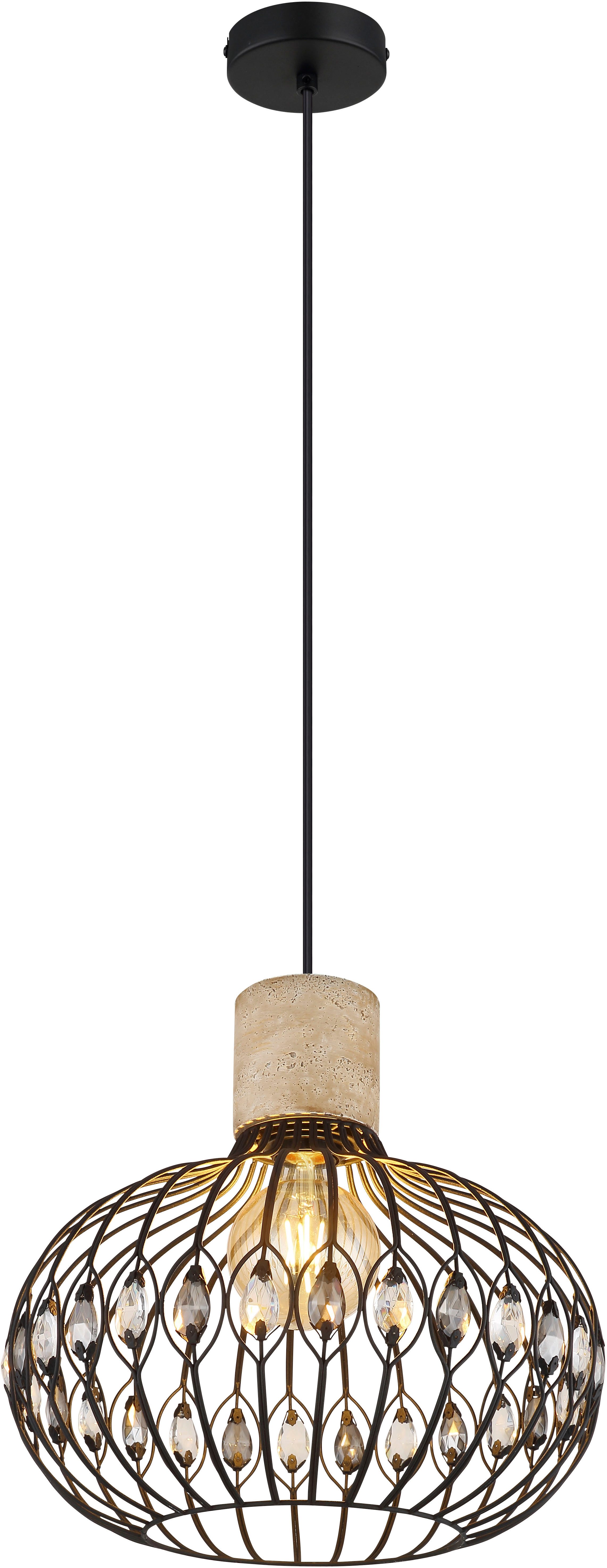 GLOBO LIGHTING Hängeleuchte DORTHY, Leuchtmittel wechselbar, Schwarze Hängeleuchte mit Travertine Stein und Kristallen