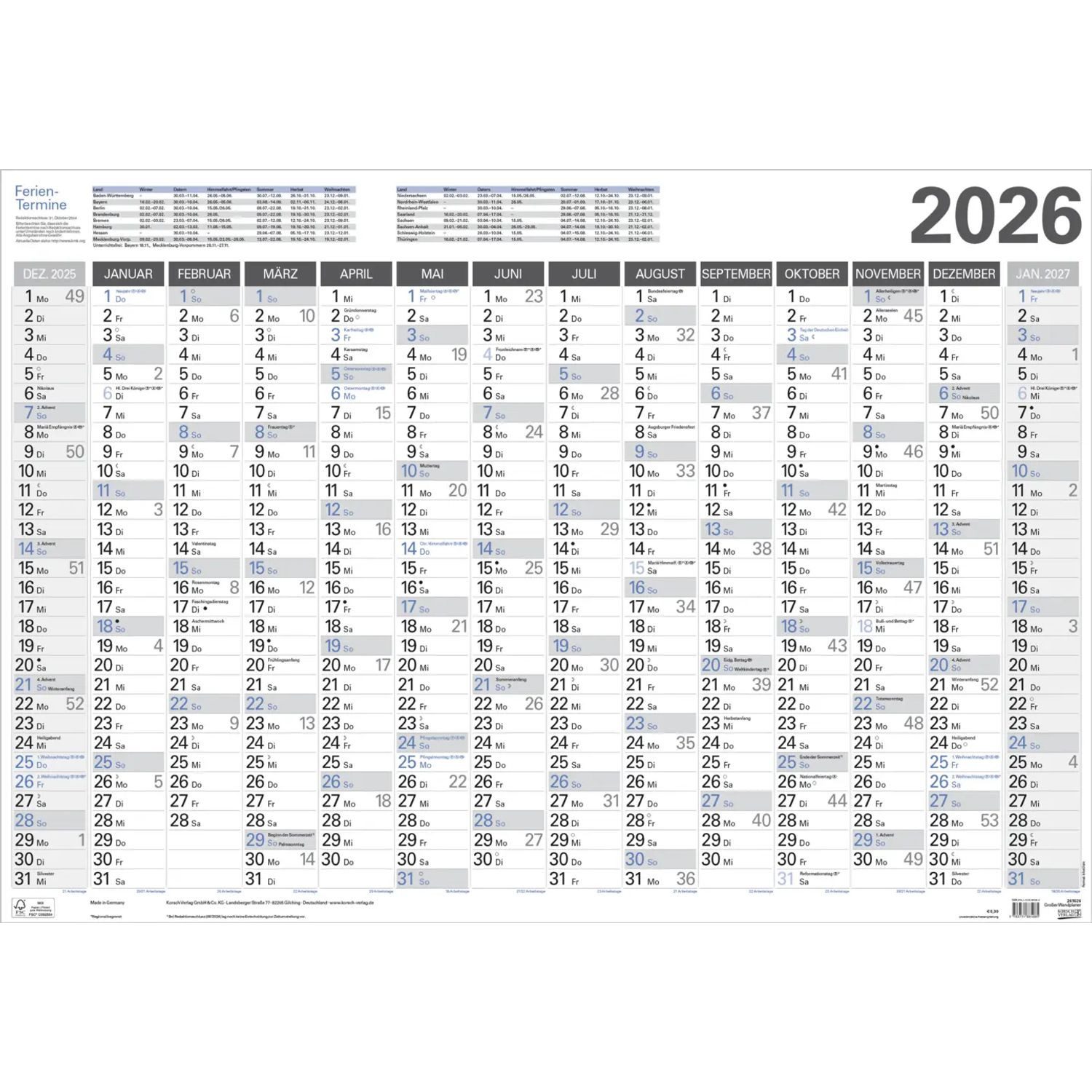 Korsch Verlag Wandkalender Großer Wandplaner 2026