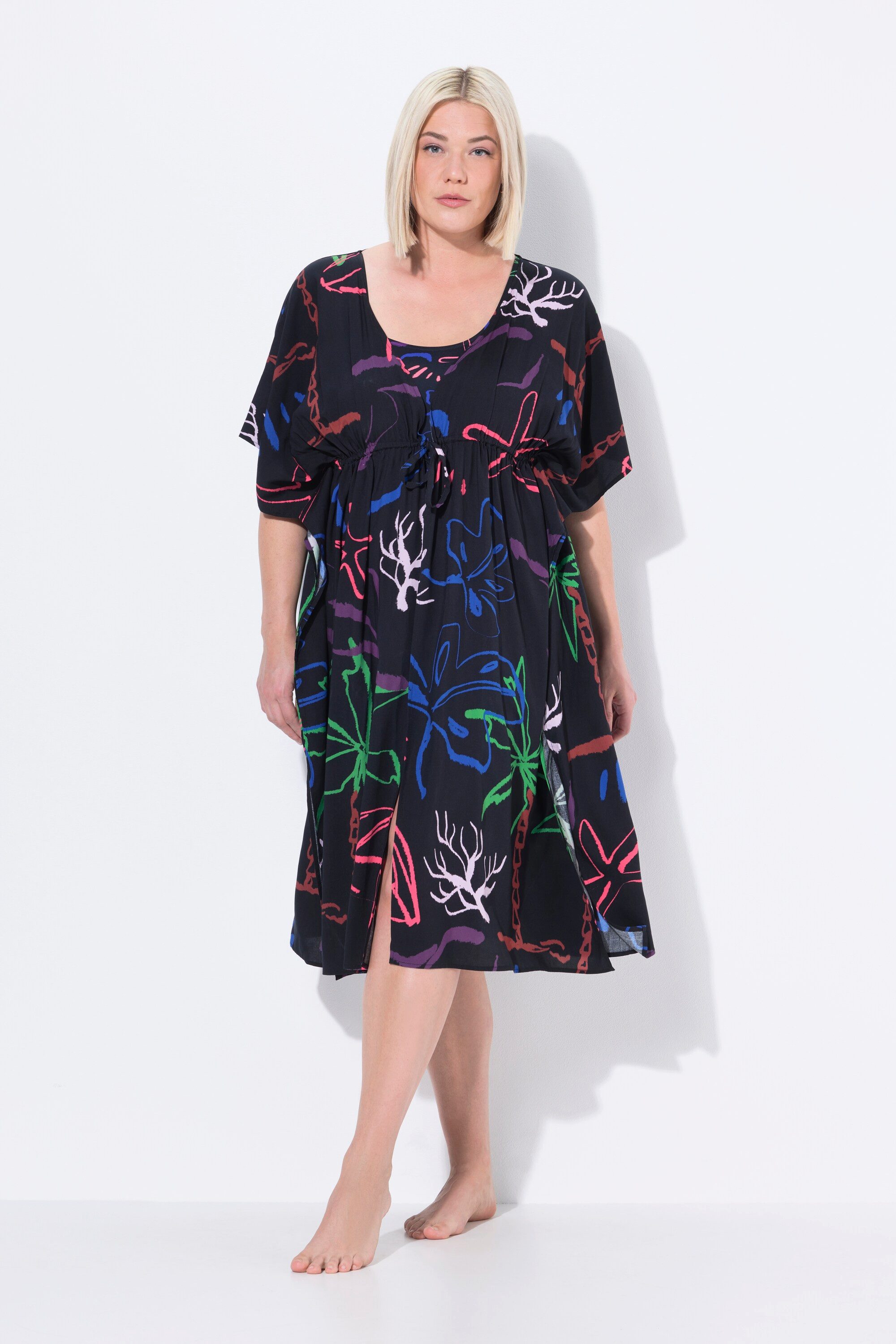 Ulla Popken Strandkleid Kaftan Strandmuster V-Ausschnitt Halbarm