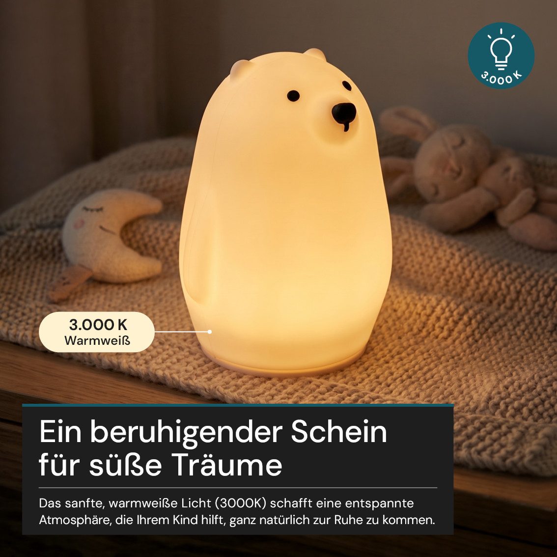 LUXULA LED Nachttischlampe LED-Nachtlicht, LED fest integriert, 1,7W Kinderlampe Weiß aus Silikon durch Drücken dimmbar mit Akku – Bild 4 von 5
