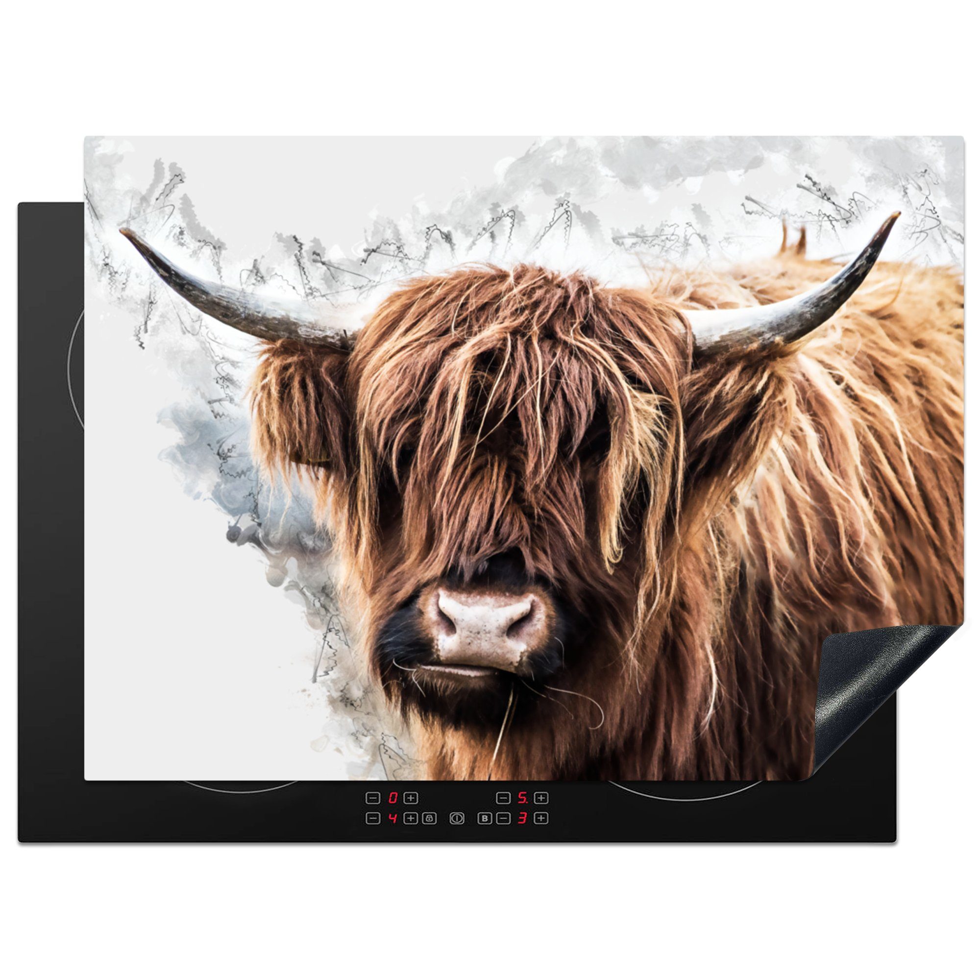 MuchoWow Herdblende-/Abdeckplatte Schottischer Highlander - Tiere - Rauch, Vinyl, (1 tlg), 71x52 cm, Induktionskochfeld Schutz für die küche, Ceranfeldabdeckung
