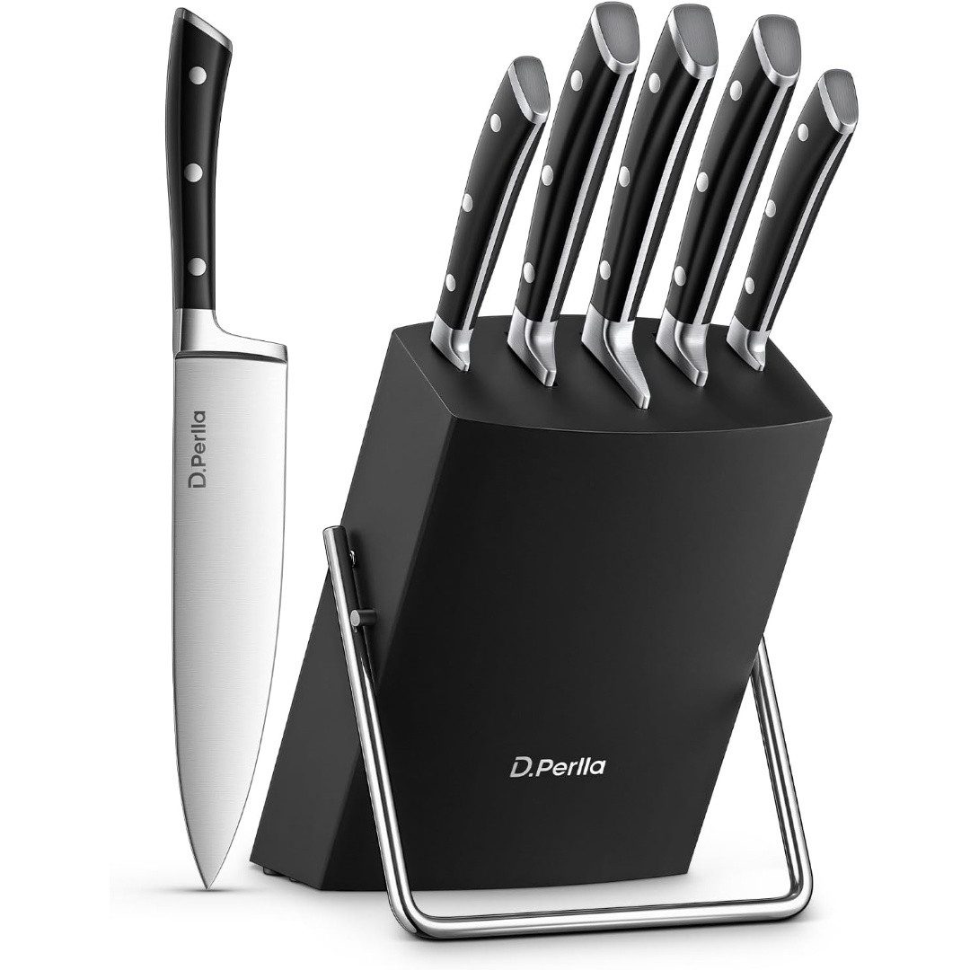 D.Perlla Messer-Set 6-teiliges Küchenmesserset aus X50CR15-Edelstahl, mit Holzblock (Set, 6-tlg), 3-Nieten-Konstruktion und ergonomischer Griff
