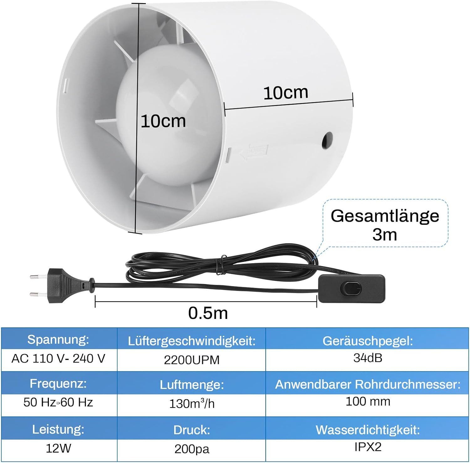 XERSEK Wandventilator Kanal Rohrventilator, Inline-Abluftventilator 100 mm, günstig online kaufen