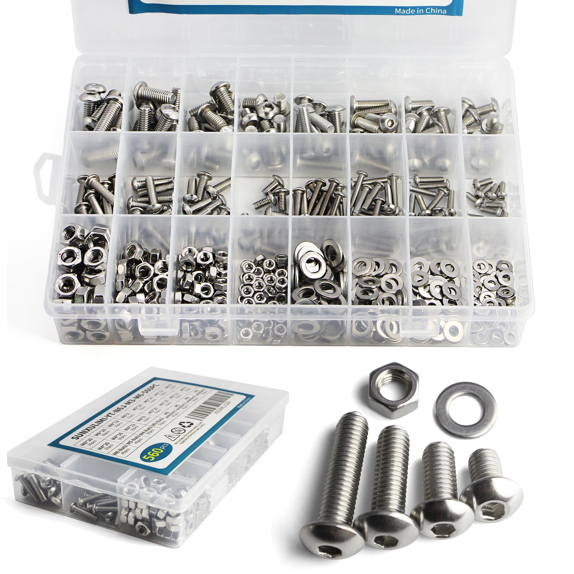 Natsen Schrauben-Set 560pcs Linsenkopfschrauben Innensechskant M3 M4 M5 M6, (mit Muttern und Unterlegscheiben, Edelstahl), Linsenschrauben Maschinenschrauben Sortiment Kit in Aufbewahrungsbox