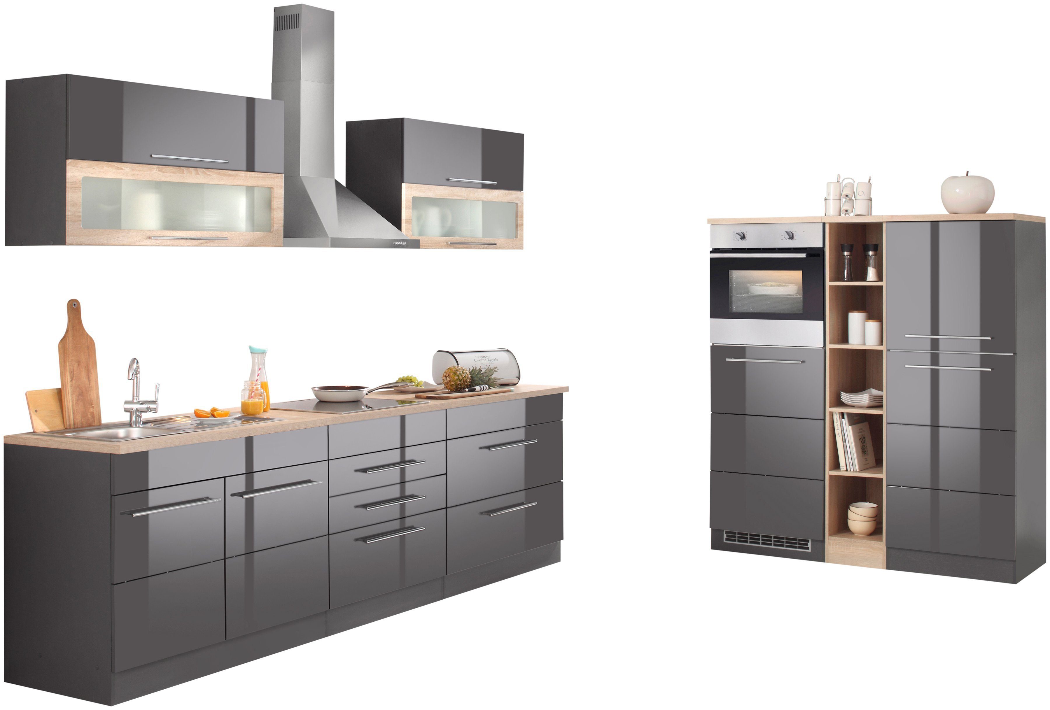Küchenzeile grau Wien, HELD cm, MÖBEL Hochglanz/grafit-eichefb. Induktion 430 wahlweise grau E-Geräten | Hochglanz mit Breite und