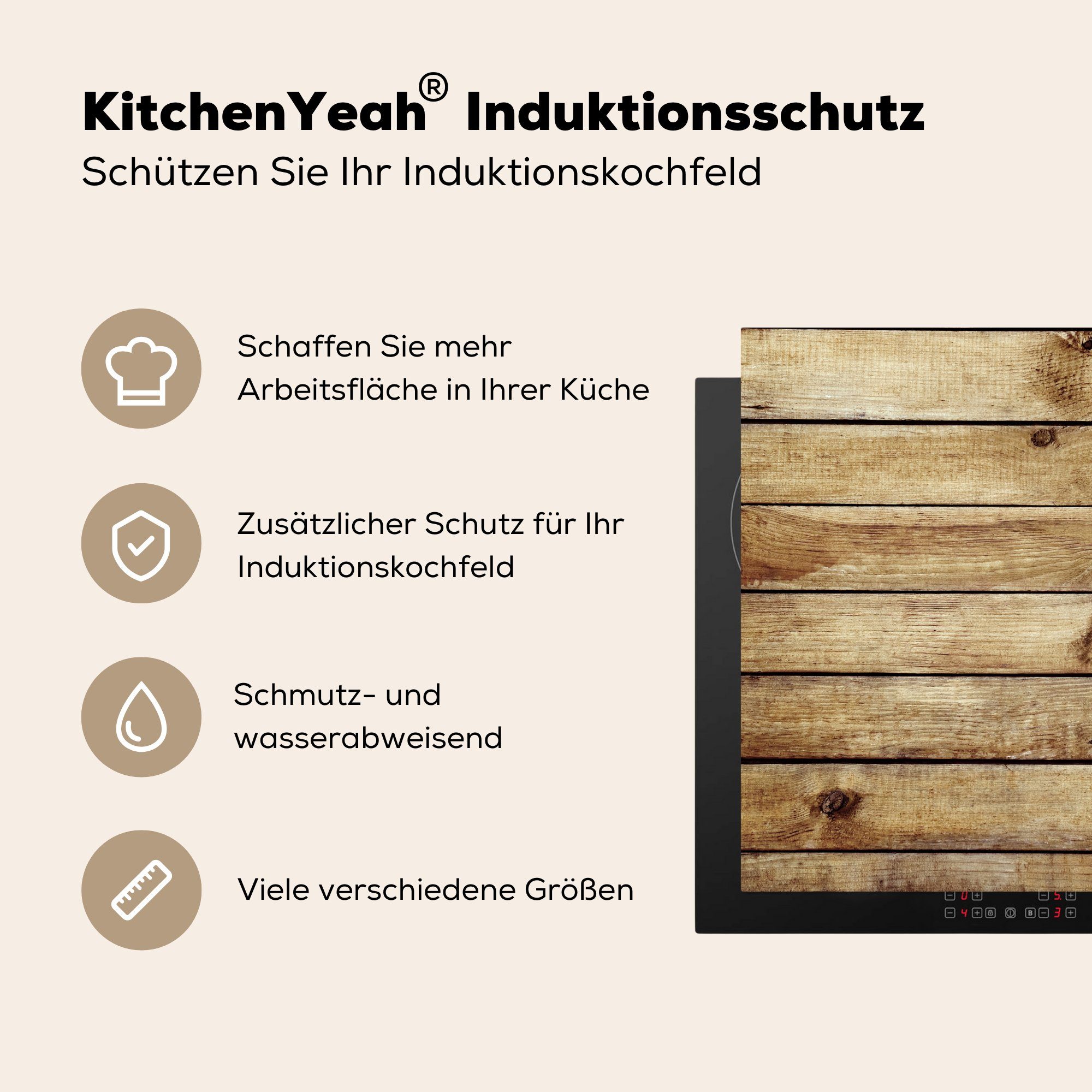 - 78x78 küche Herdblende-/Abdeckplatte (1 - für Arbeitsplatte MuchoWow Vinyl, Ceranfeldabdeckung, cm, Regale Rustikal, tlg), Holz