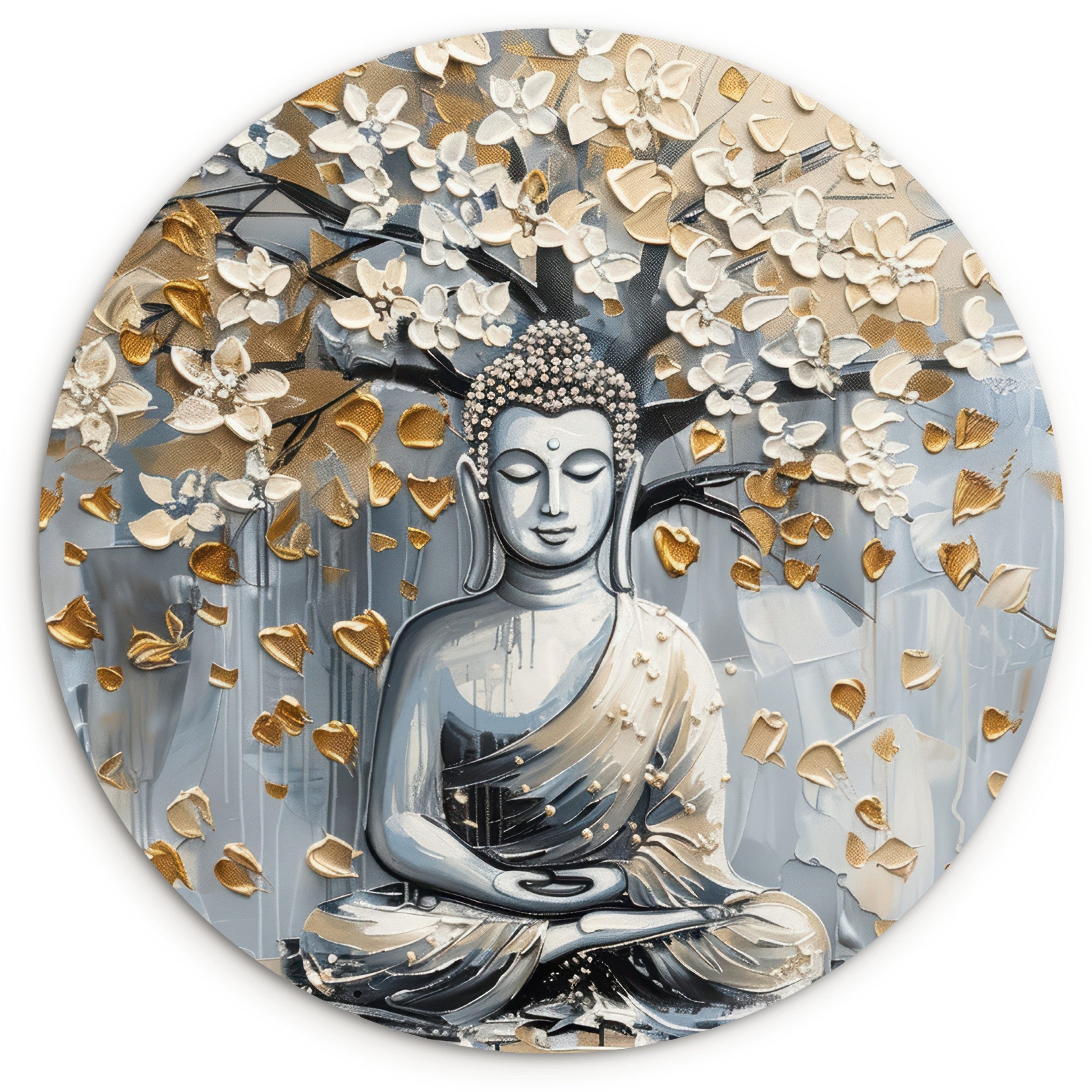 MuchoWow Gemälde Buddha - Blumen - Baum - Gold - Modern, Fotodruck (1 St), Kreis Wanddekoration, Rundes Wandbild, 30x30 cm