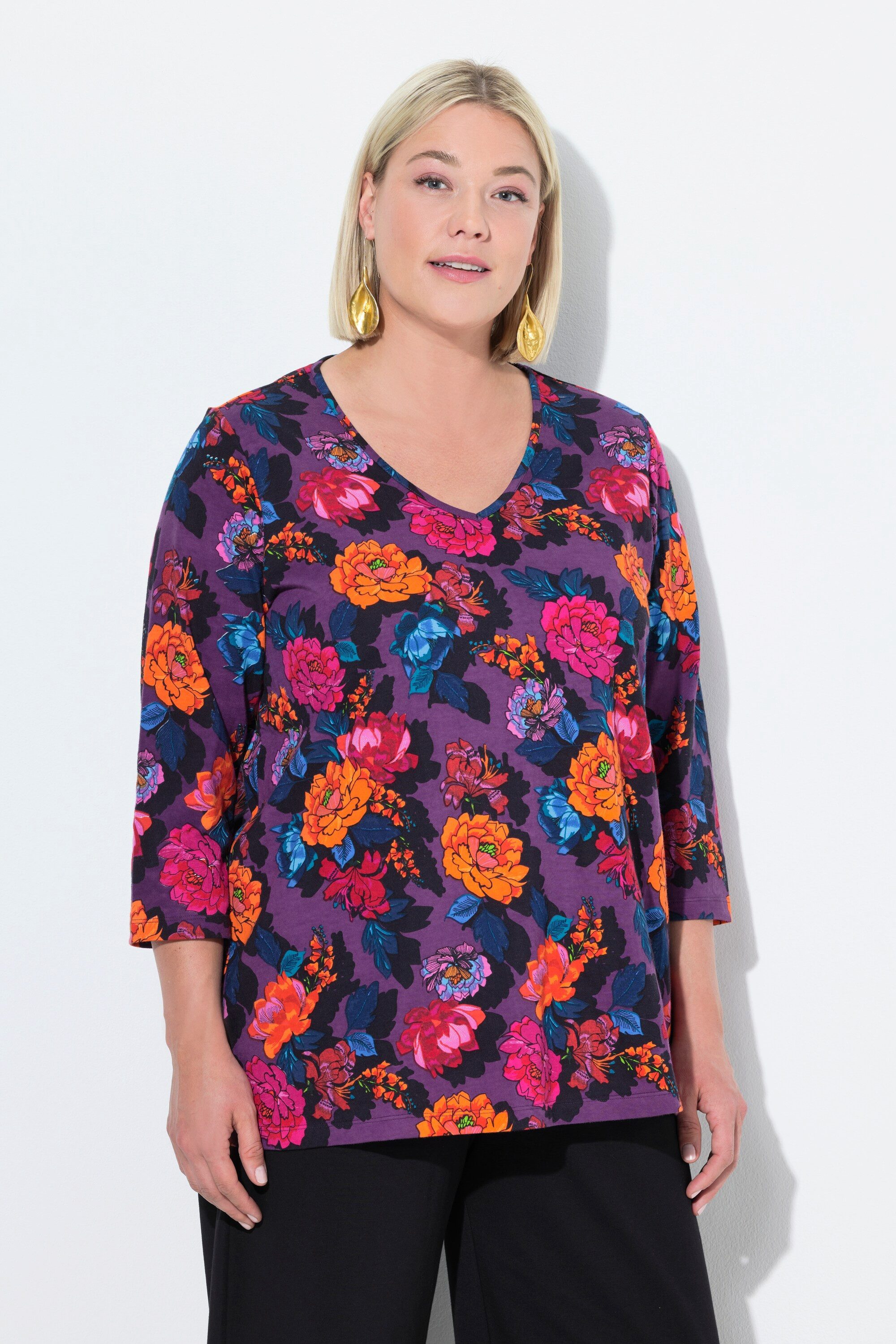 Longshirt T-Shirt A-Linie V-Ausschnitt 3/4-Arm