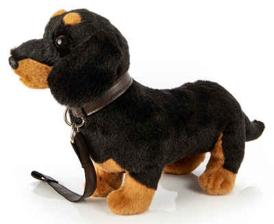 Uni-Toys Kuscheltier Dackel mit Leine, stehend - 28 cm (Länge) - Plüsch-Hund - Plüschtier, zu 100 % recyceltes Füllmaterial