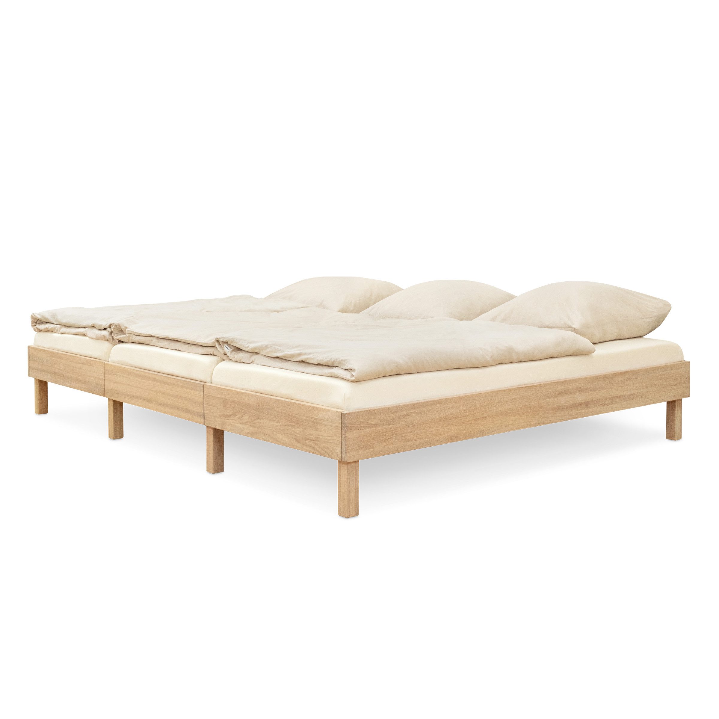 Ehrenkind Holzbett Plano, Modulares Familienbett, FSC® Zertifiziert (Familienbett, 270x200 cm, Massiv-Eiche geölt, modular erweiterbar mit Zubehör und weiteren Plano Betten), 2‑in‑1 Höhe (Bodenbett oder Standard)