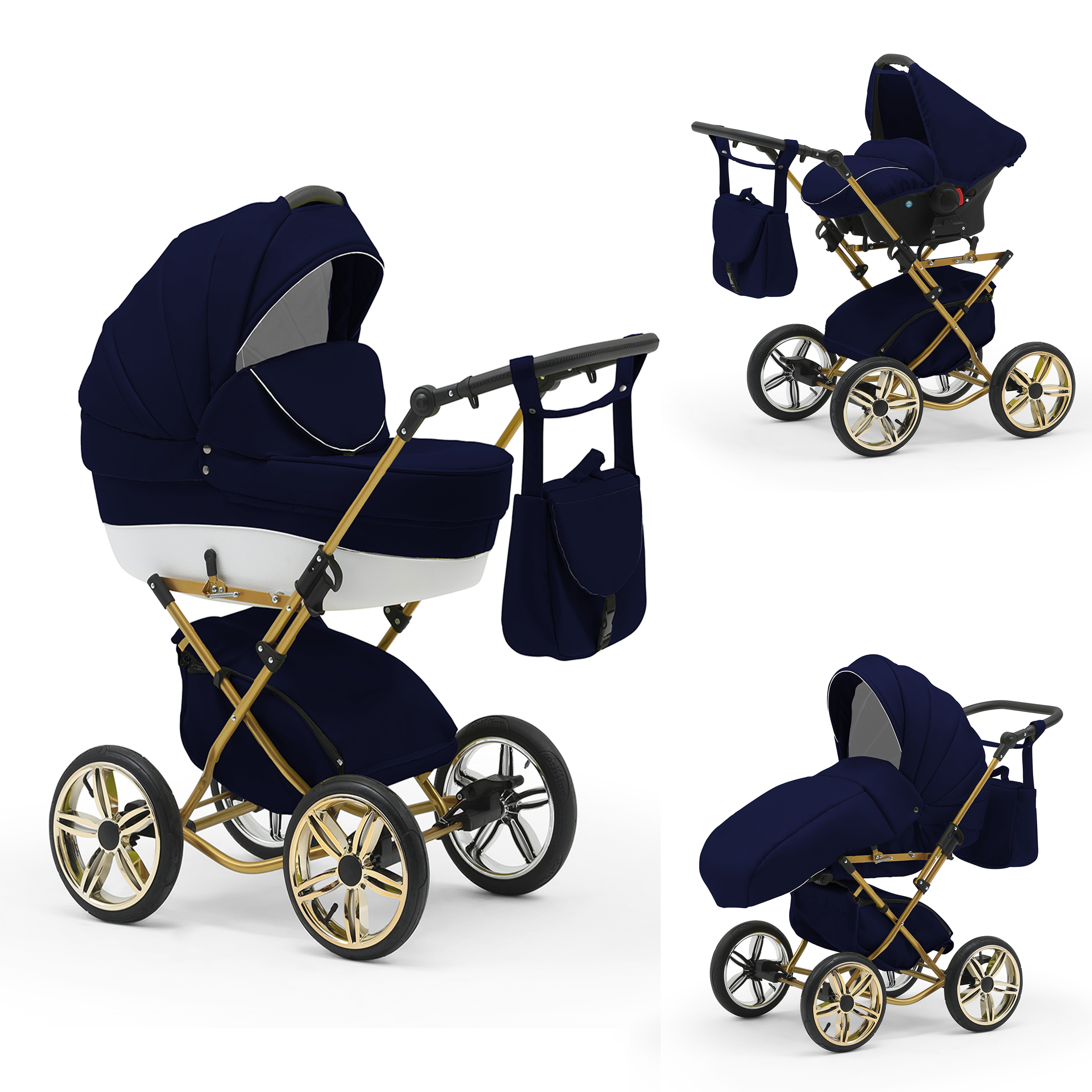 babies-on-wheels Kombi-Kinderwagen Sorento 3 in 1 inkl. Autositz - 13 Teile - in 10 Designs Navy-Weiß