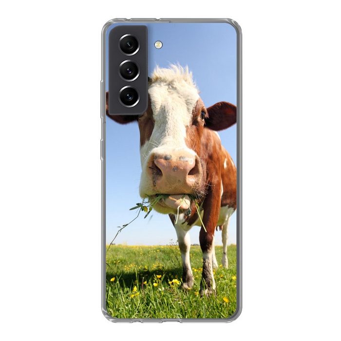 MuchoWow Handyhülle Kuh - Tiere - Blumen - Gras Phone Case Handyhülle Samsung Galaxy S21 FE Silikon Schutzhülle