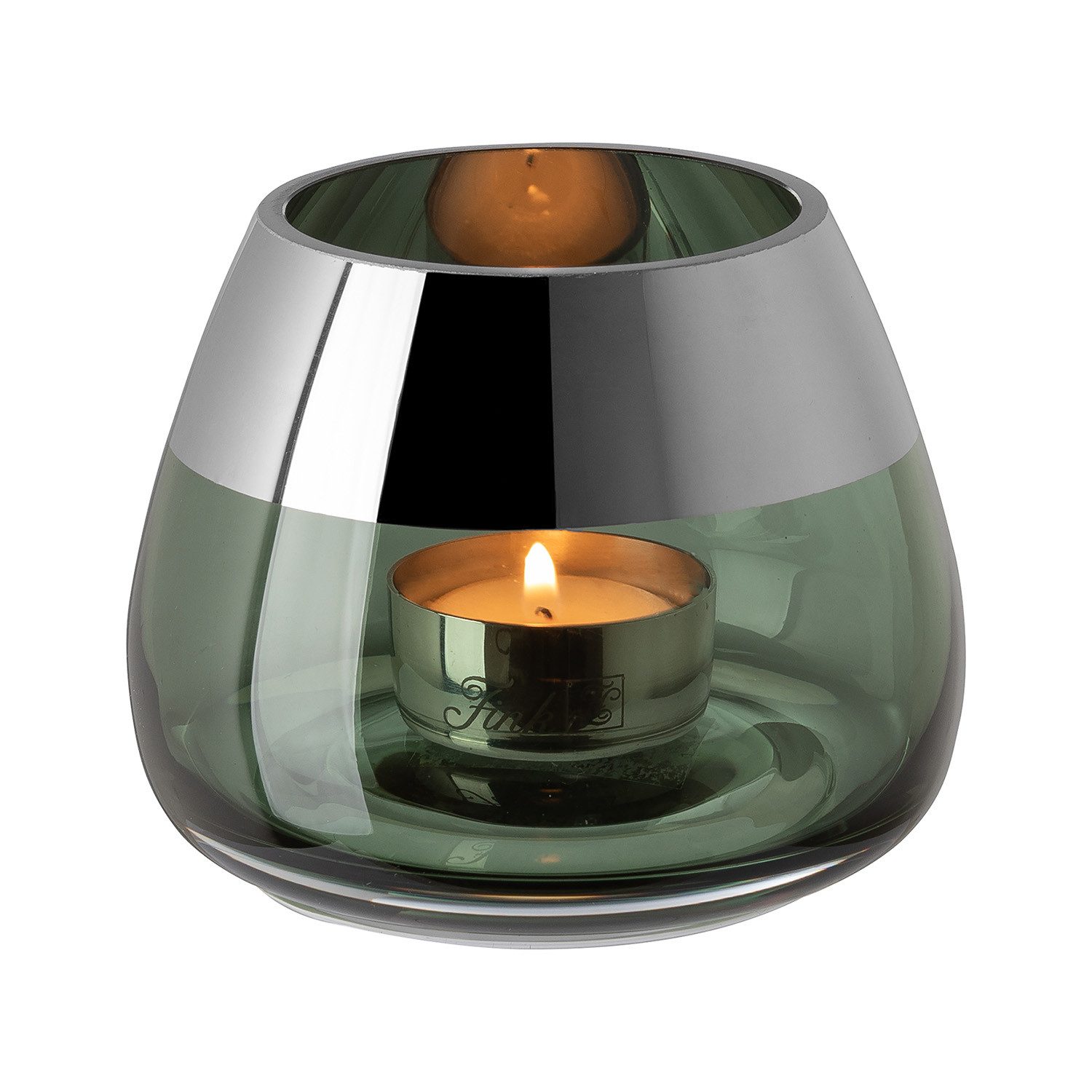 Fink Teelichthalter BELLA Teelichthalter - H.8,5cm x D.11cm - Glas - dunkelgrün/silber (1xTeelichthalter, 1 St., Leuchte - Geschenk für Frauen), Edles Glas-Windlicht: Kerzenhalter für Stumpenkerzen & Kerzenleuchter