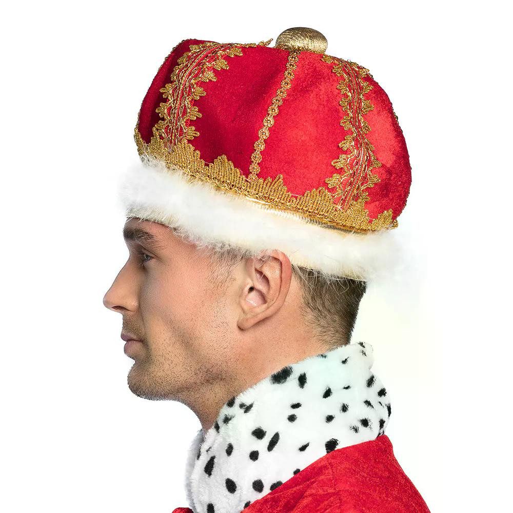 Boland König-Kostüm Königshut Krone König rot Goldverzierung edler Hut für Karneval-Kostüm, Mit weißem Plüschbesatz im royalen Stil - König-Kostüm Zubehör