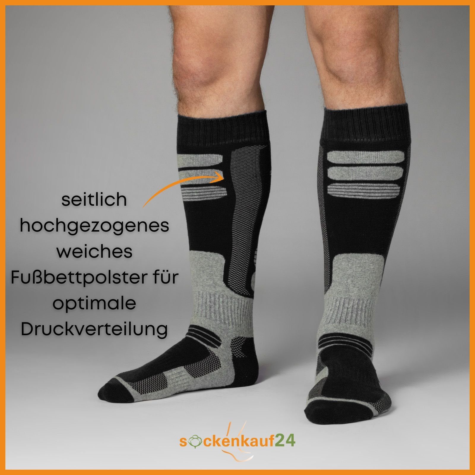 sockenkauf24 Skisocken 2 Paar Ski Strümpfe Herren & Damen Ski Socken lang (Schwarz/Schwarz, 35-38) Atmungsaktiv - 42816