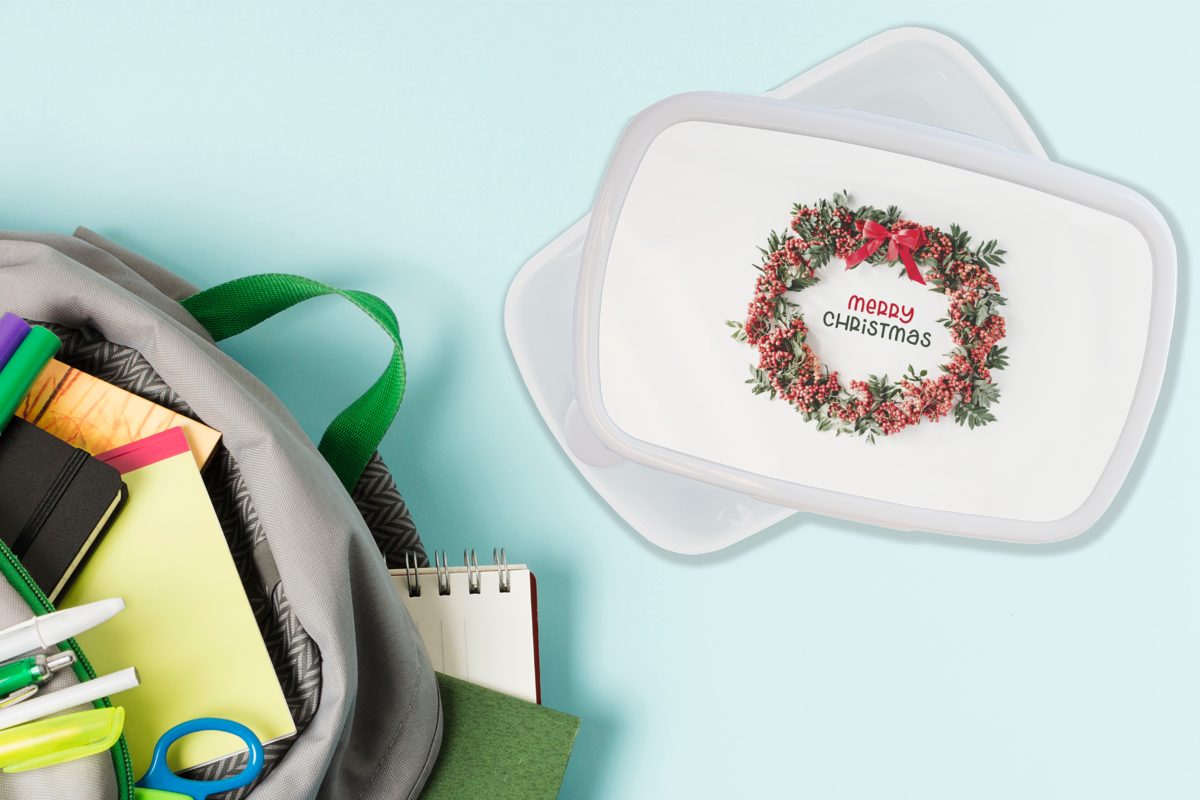 MuchoWow Lunchbox Winter - Brotdose, (2-tlg), für - Jungs für Weihnachtskranz, Mistelzweig Kunststoff, weiß Brotbox Mädchen und Kinder Erwachsene, und