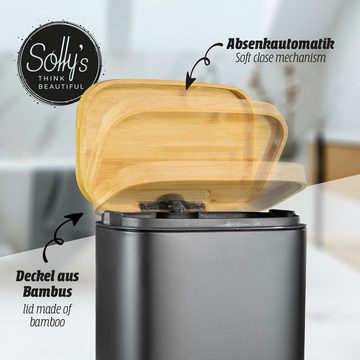 Solly's Kosmetikeimer Treteimer mit Bambus Deckel, 5 Liter, mit Absenkautomatik, für Bad oder Küche, rutschfest