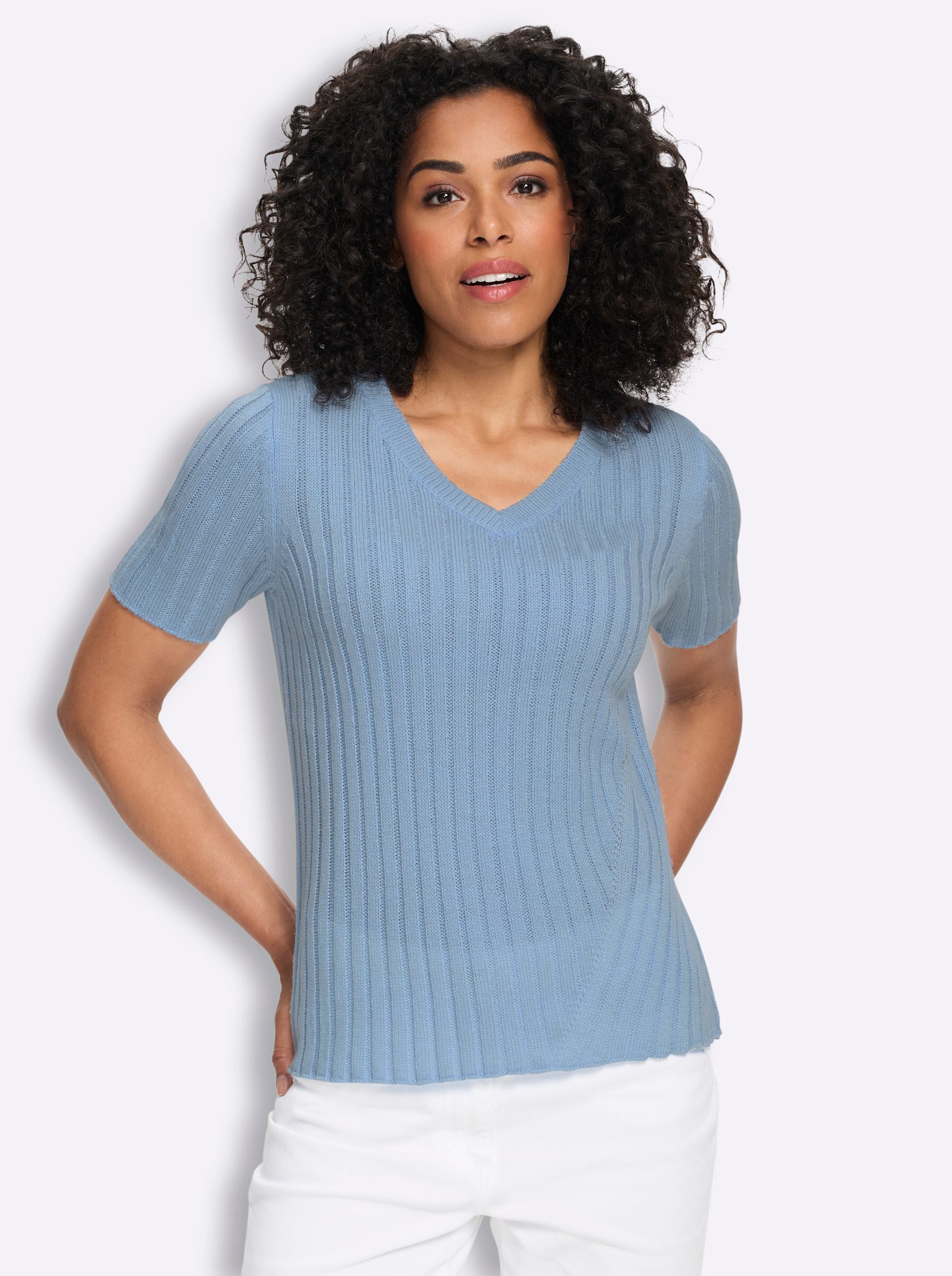 Strickpullover V-Pullover Kurzarm Rippoptik