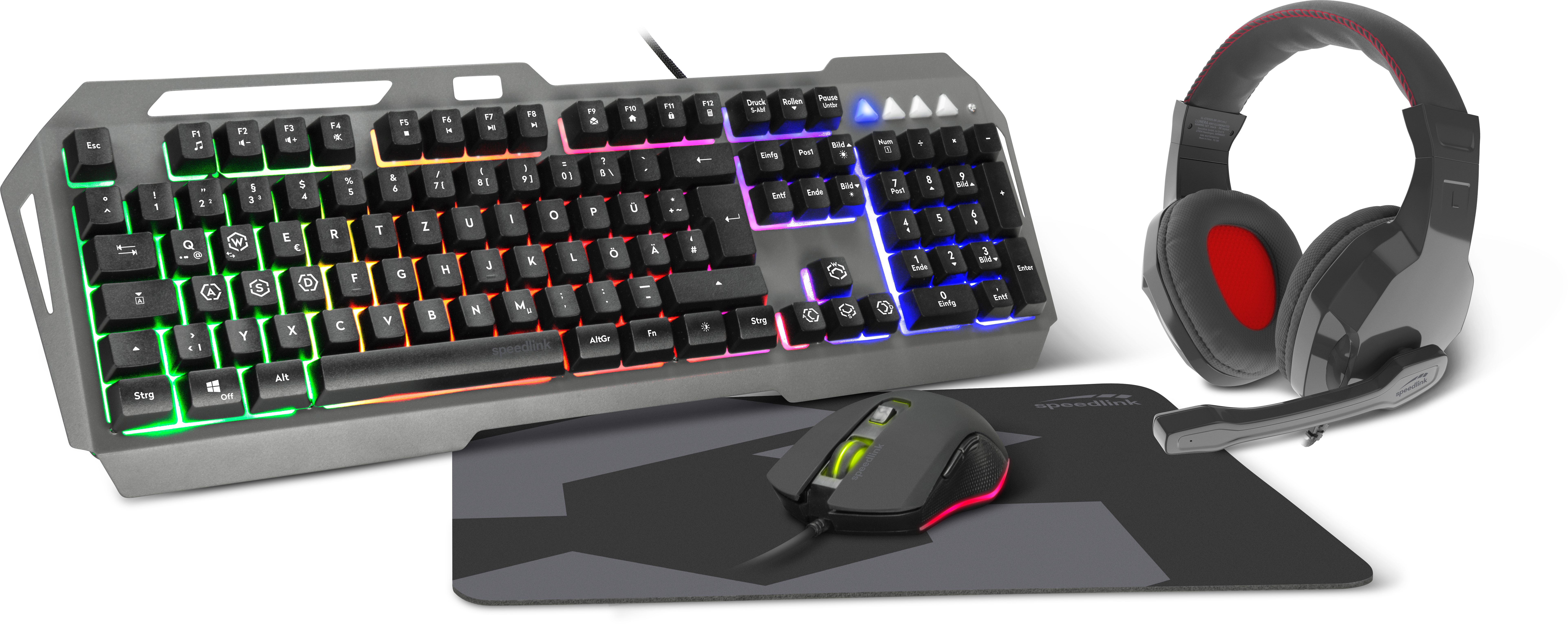 Speedlink LUNERA 4-in-1 Gaming-Set mit RGB-Beleuchtung, schwarz Tastatur-, Maus- und Mauspad-Set, kabelgebunden