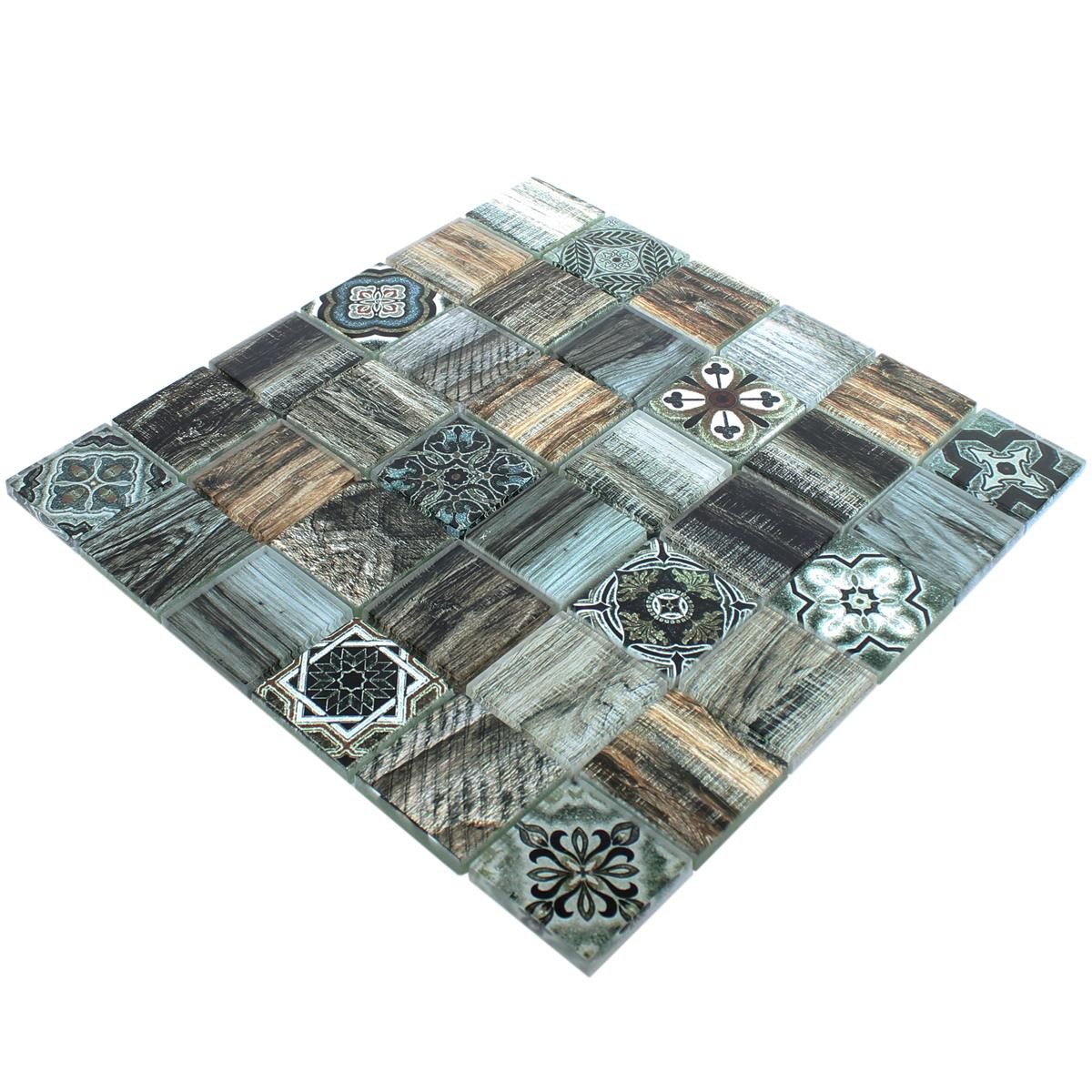 Mosafil Mosaikfliesen Glasmosaik Fliesen Holzoptik Makarska, Glas 30.000x30.000, braun-grün, Verlegefertig auf ein Netz geklebt
