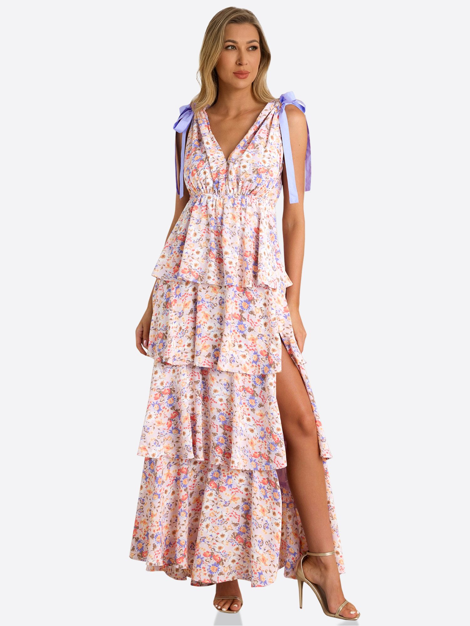 Imily Bela Maxikleid Damen Geblümte Boho Strandkleider mit hohem Schlitz (Packung, 1-tlg., 1per-Pack) mit Rüschen-Stufen
