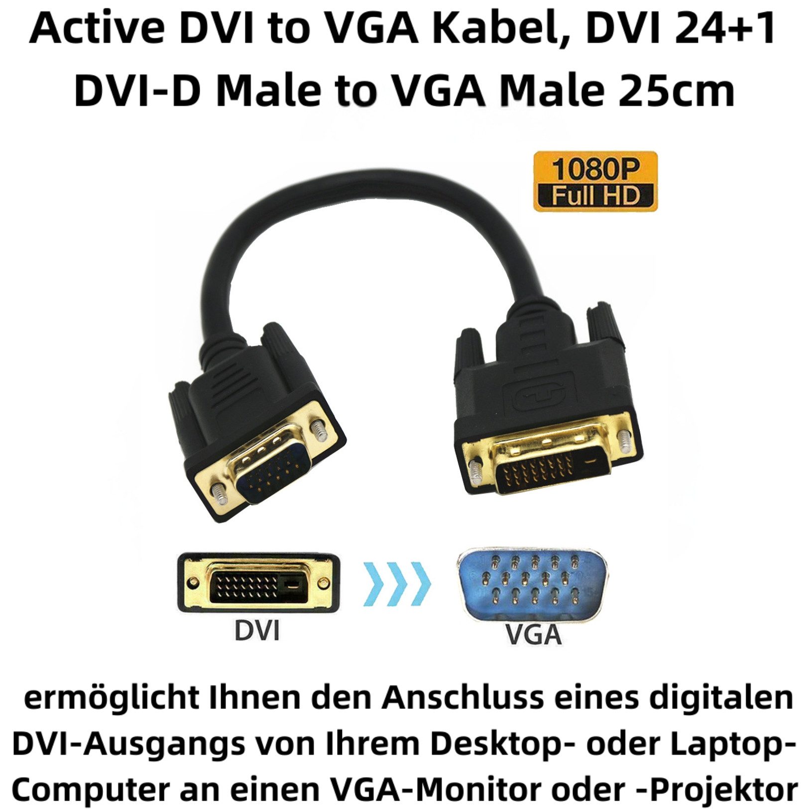 Bolwins O33 DVI-D VGA Adapterkabel 25cm 24+1 Stecker M/M, PC/Monitor HDTV/DVD Computer-Kabel, DVI-D 24+1 Pin Stecker, VGA 15-pol Stecker (25 cm), 25cm Kabel, 10 – Bild 2 von 5