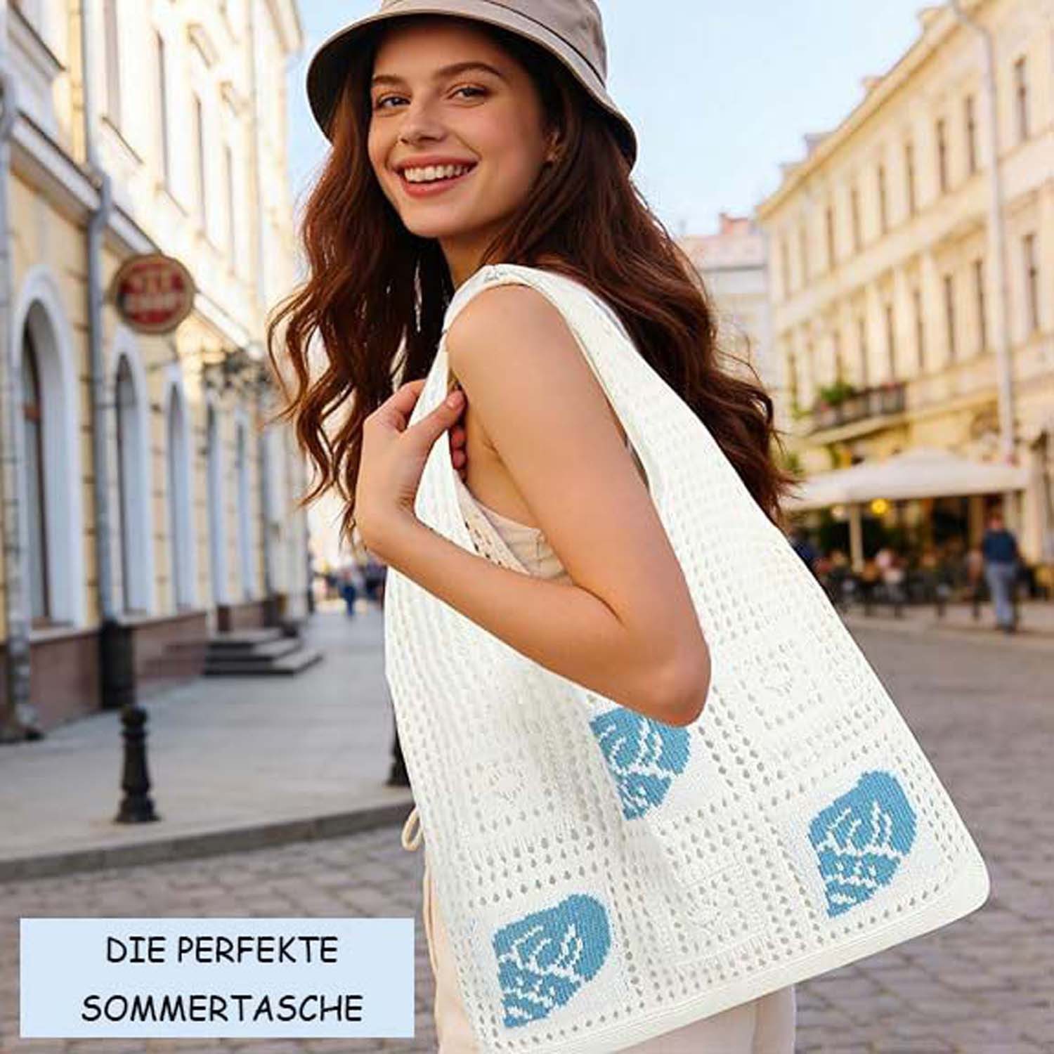 Bwecuy Schultertasche Boho Stricktasche Damen gehäkelt große Kapazität Bohemian-Tasche