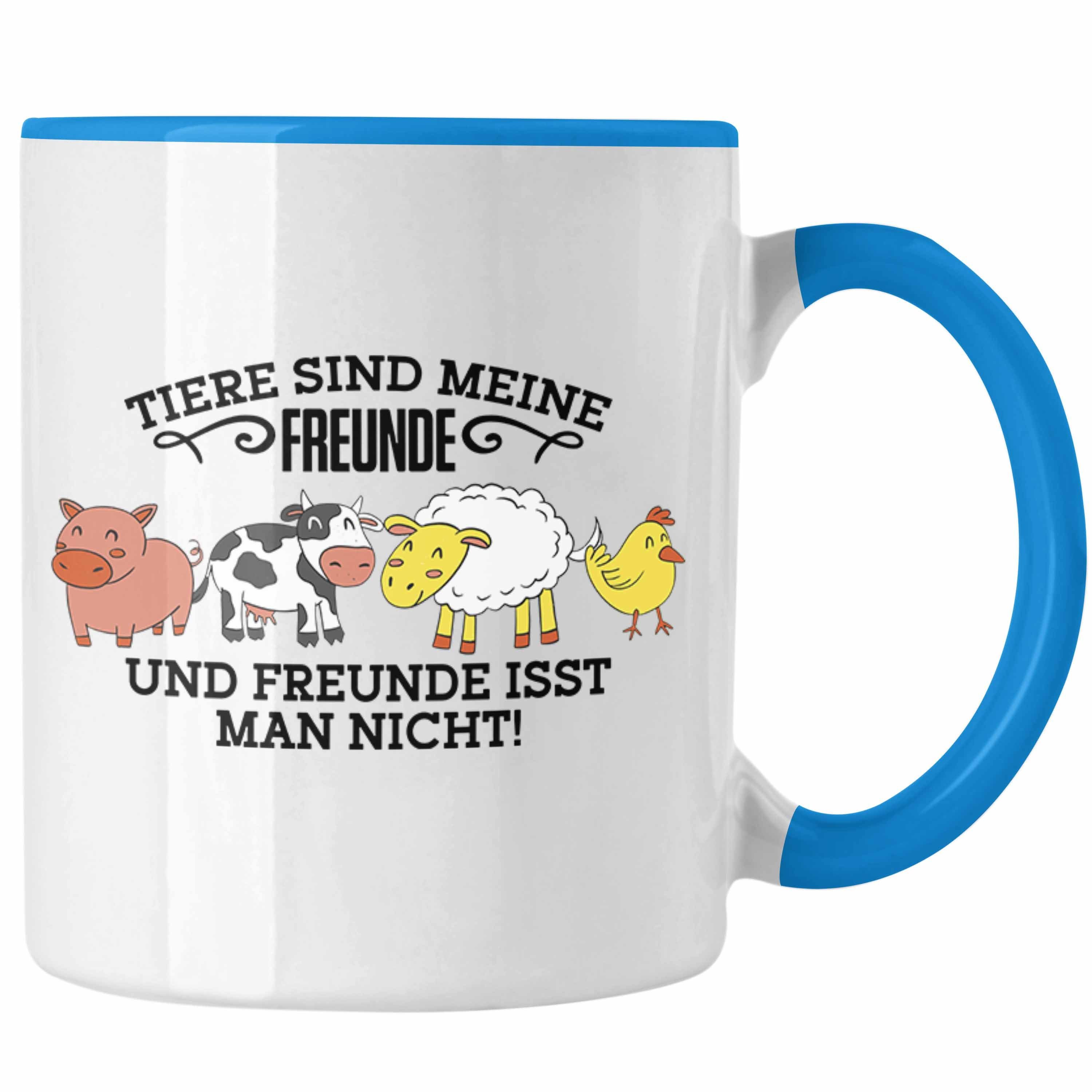 Trendation Tasse Lustige Veganer Tasse - "Tiere sind meine Freunde" Geschenk für Tierli Blau