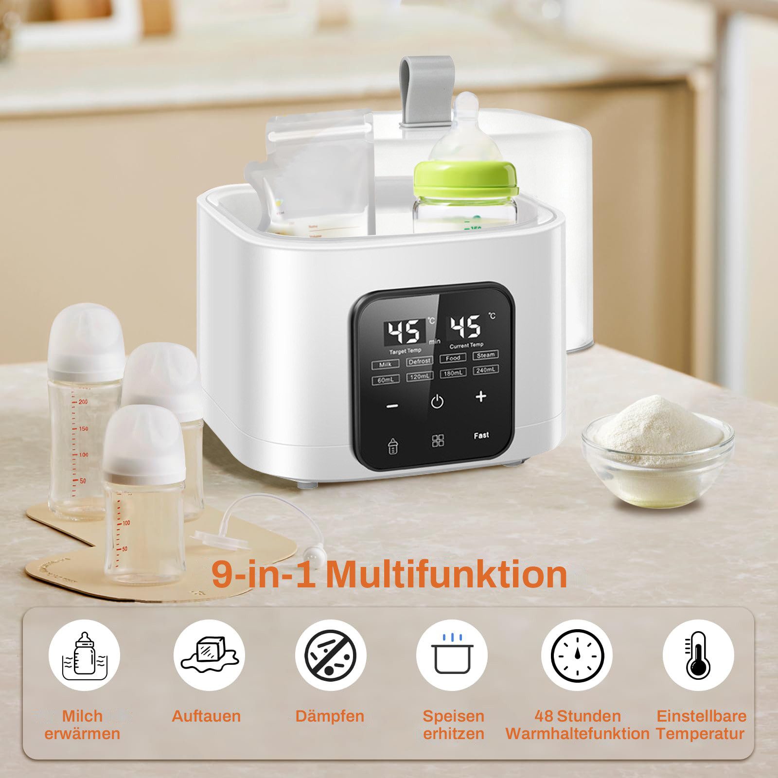 FOSMET Babyflaschenwärmer 2026 Modell 9-in-1 Babyflaschenwärmer Sterilisator 4 Flaschen BPA-frei, 60-240ml Flaschen, 100 °C Dampfst­erilisation, Fernbedienung