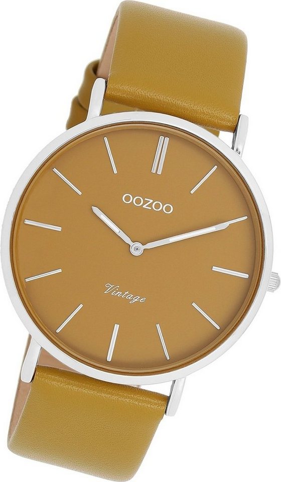 OOZOO Quarzuhr Oozoo Damen Armbanduhr Vintage Analog, Damenuhr Lederarmband  olivgrün, rundes Gehäuse, groß (ca. 40mm)