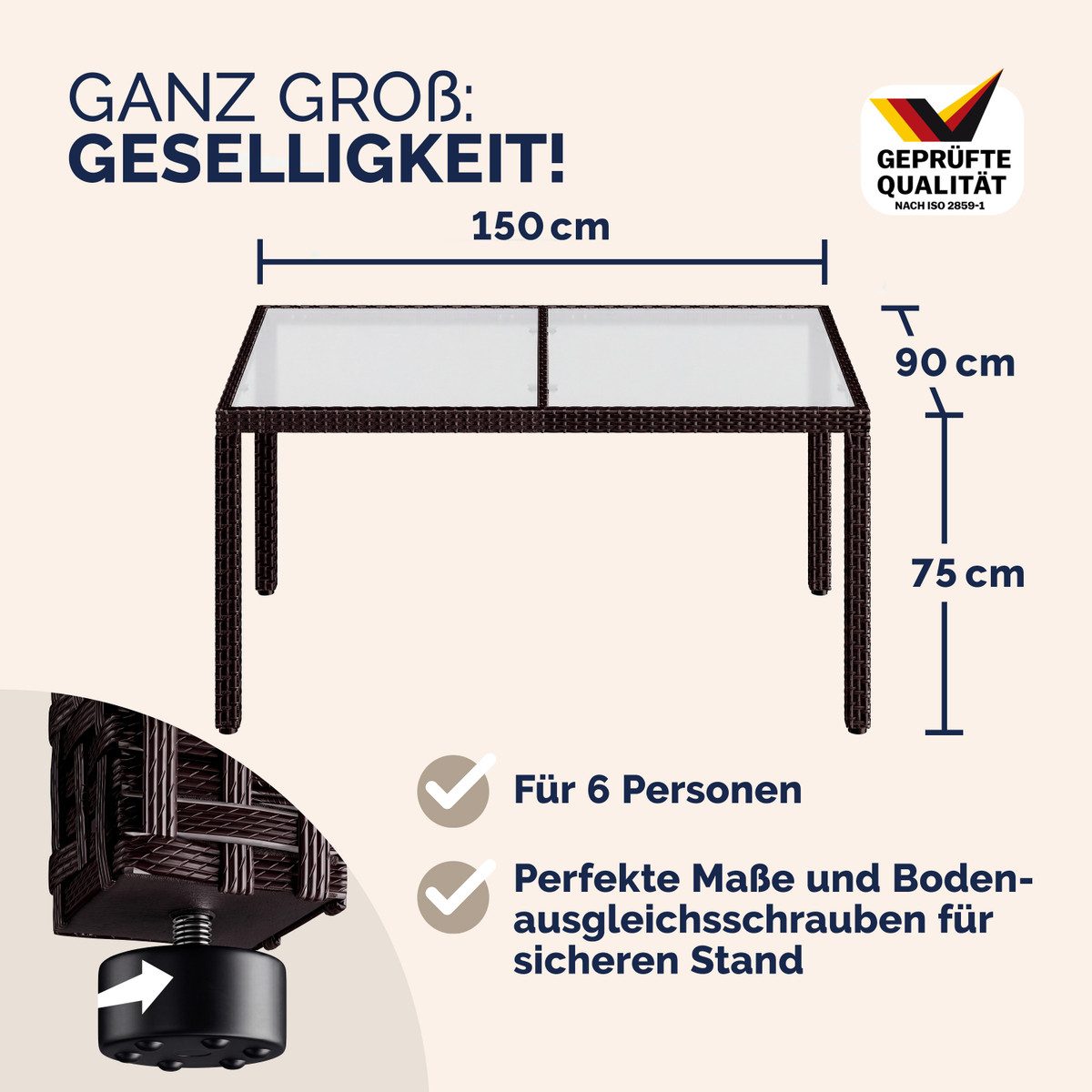Casaria Gartentisch, Wetterfest 150x90cm Polyrattan Höhenverstellbar 5mm Sicherheitsglas