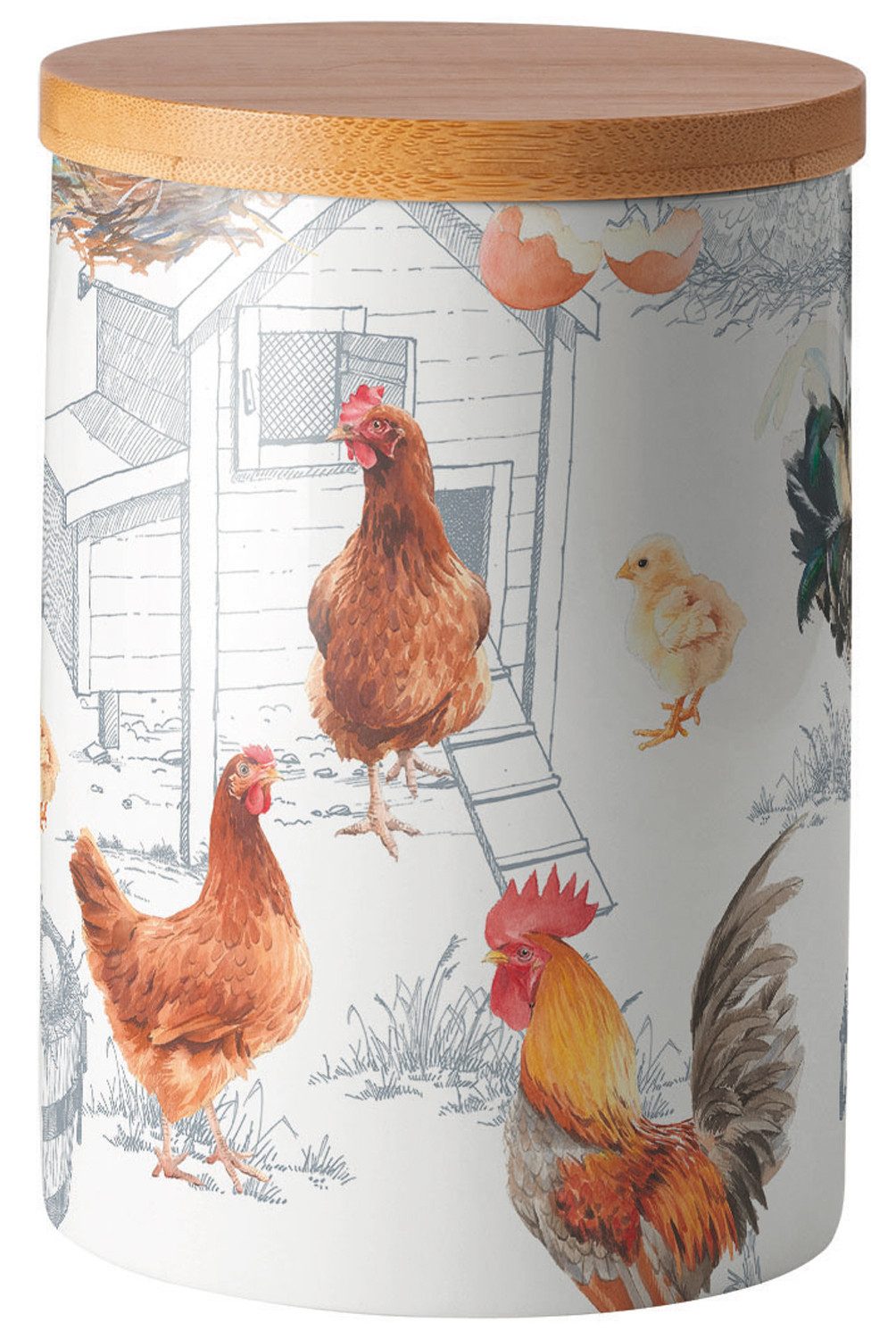 Ambiente® Vorratsdose Chicken farm, Porzellan, (2-tlg., Vorratsdose mit Deckel), Porzellan Bambusdeckel New Bone China Ø 10cm Höhe 13,5cm Volumen 0,62l