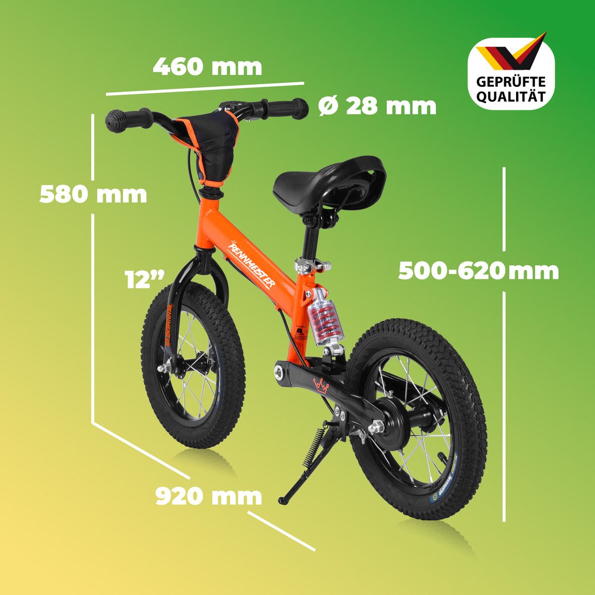Rennmeister Laufrad Orange, ab 3 Jahren Lauflernrad Balance Bike Höhenverstellbar Bremse 12 Zoll